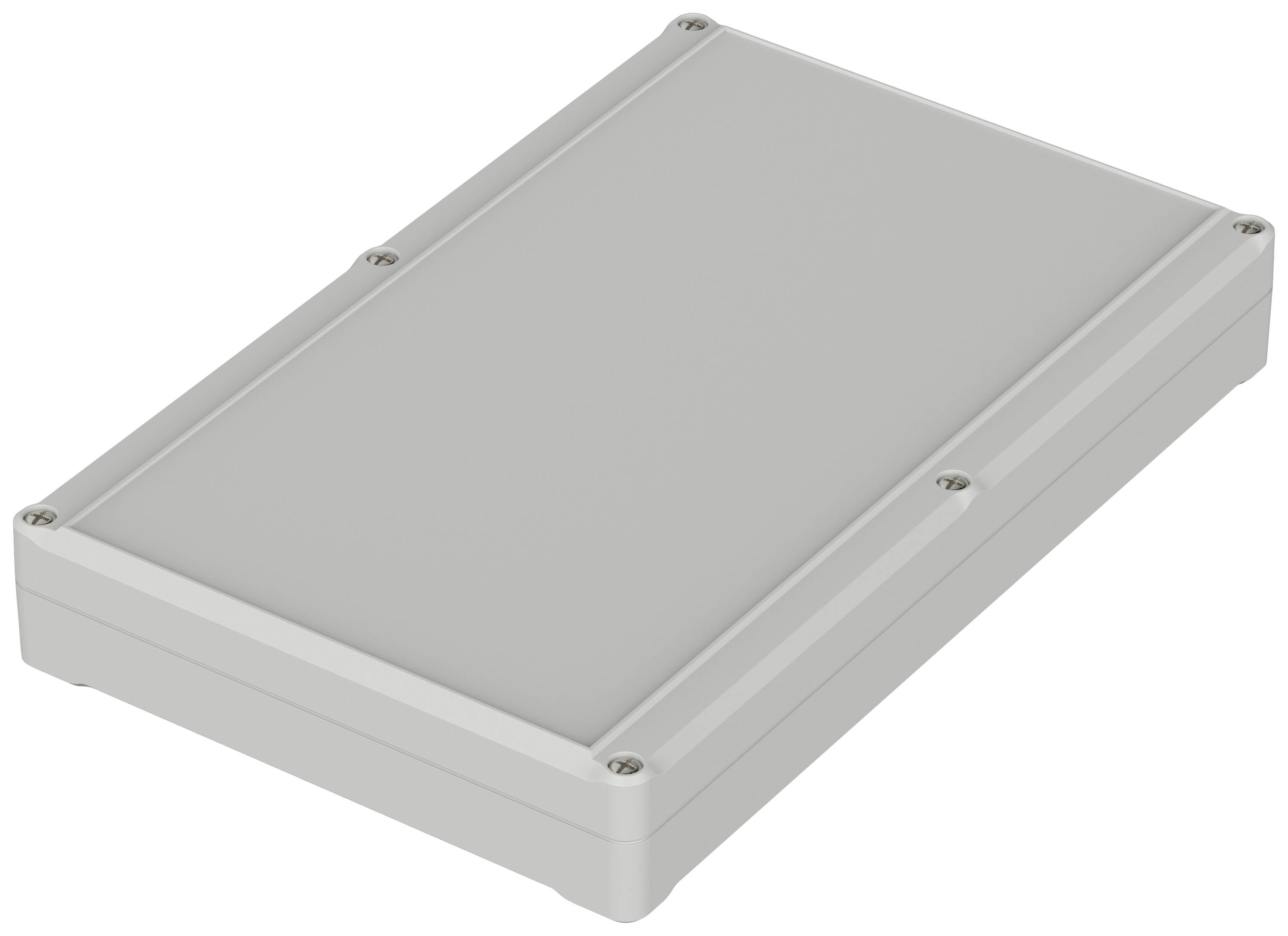 Rectangular grey enclosure with six visible screws, potentially for electronic equipment.