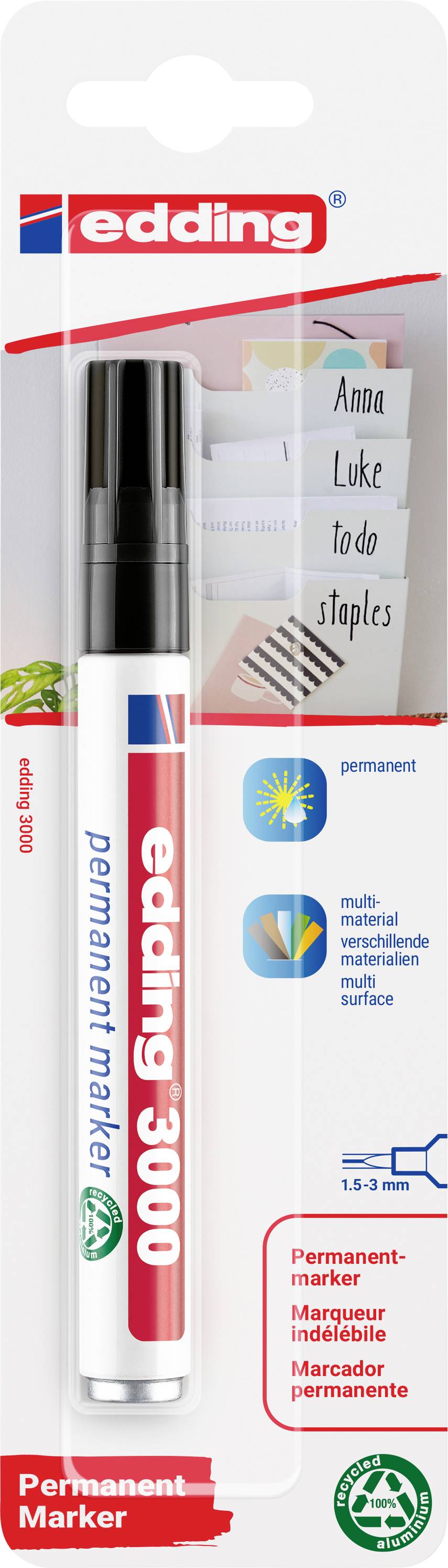 Edding 3000 Permanent Marker in packaging. The packaging displays example applications for the pen, including labelling.