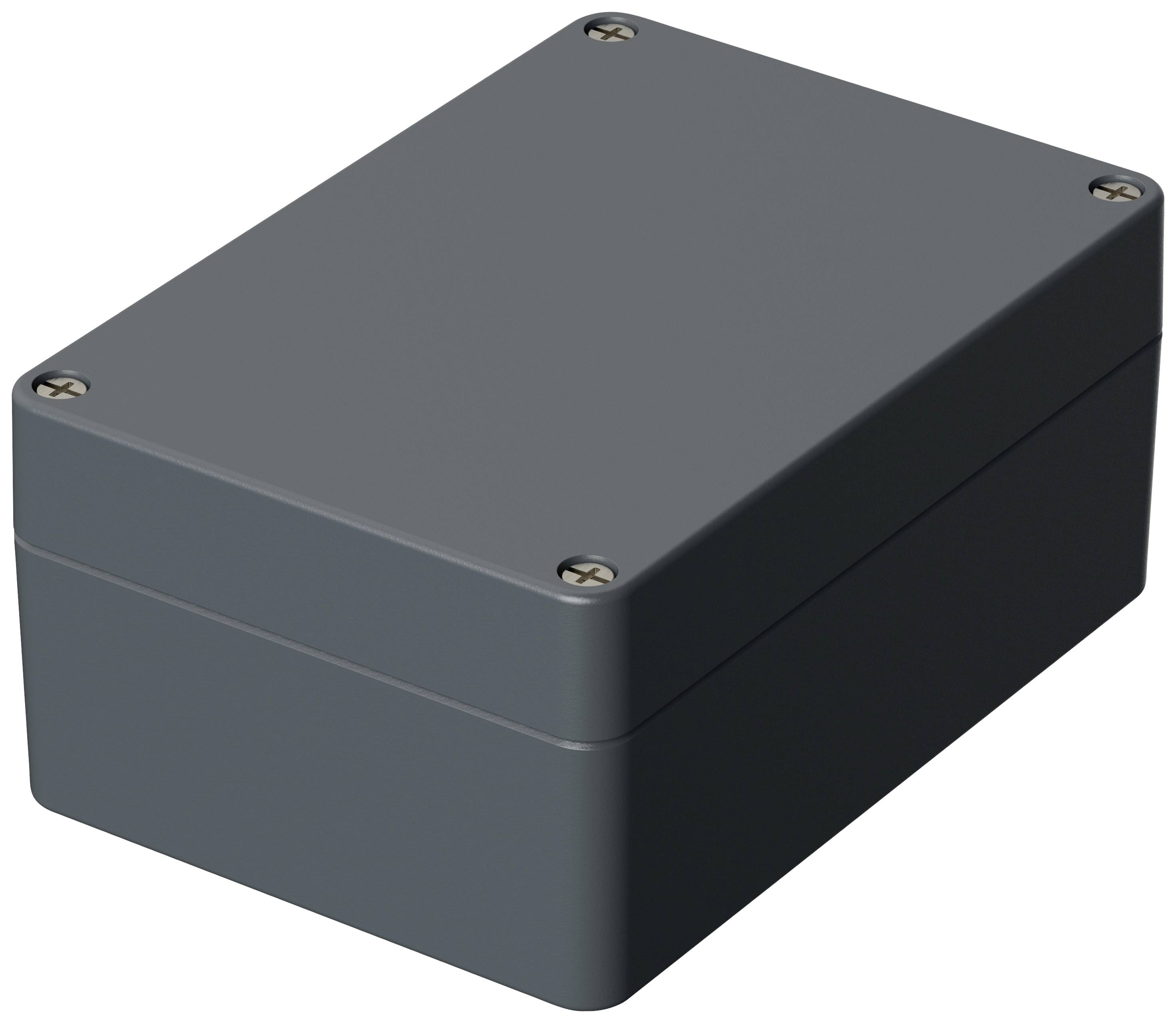 A rectangular, dark enclosure with rounded corners and four silver screws at the corners of the top surface.