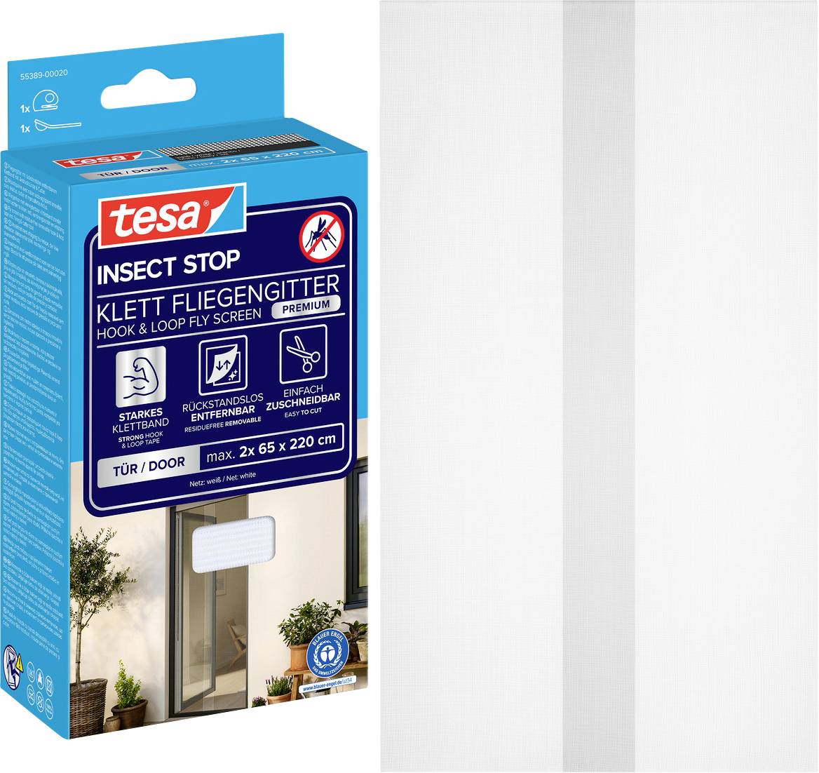Box of tesa Insect Stop hook-and-loop fly screen for doors, showing a white mesh curtain and product features on blue packaging.