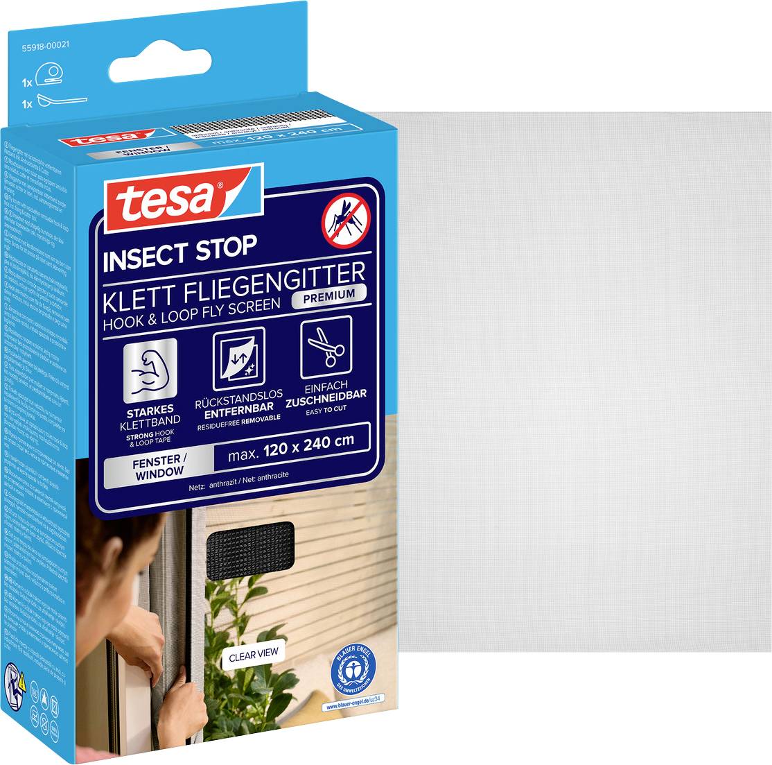 Package of tesa Insect Stop hook-and-loop fly screen for windows, showing 'Klett Fliegengitter' premium, max. 120 x 240 cm