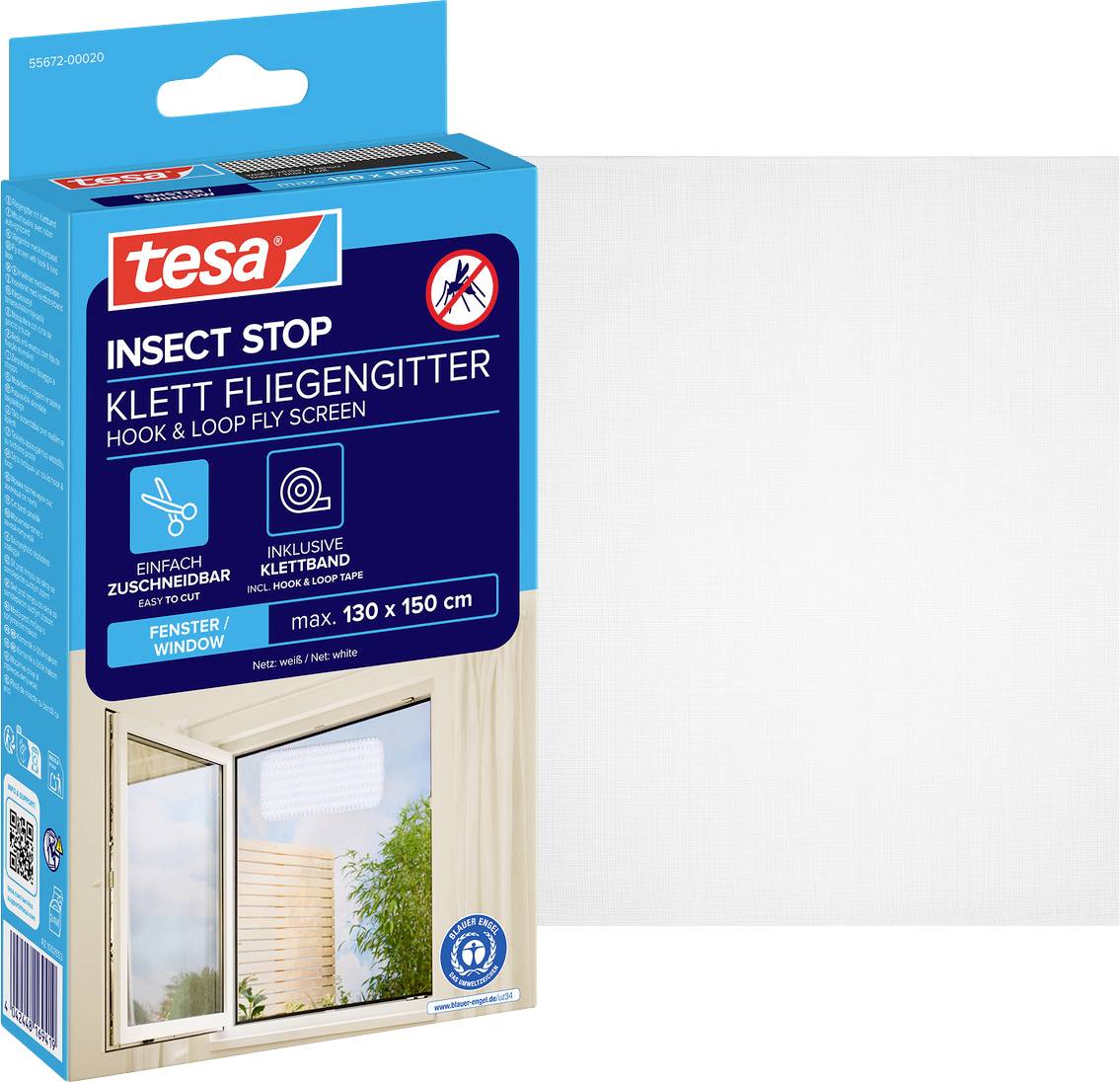 Packaging for tesa Insect Stop hook-and-loop fly screen, showing a white window screen panel and product box labeled 'INSECT STOP' and 'KLETT FLIEGENGITTER'.