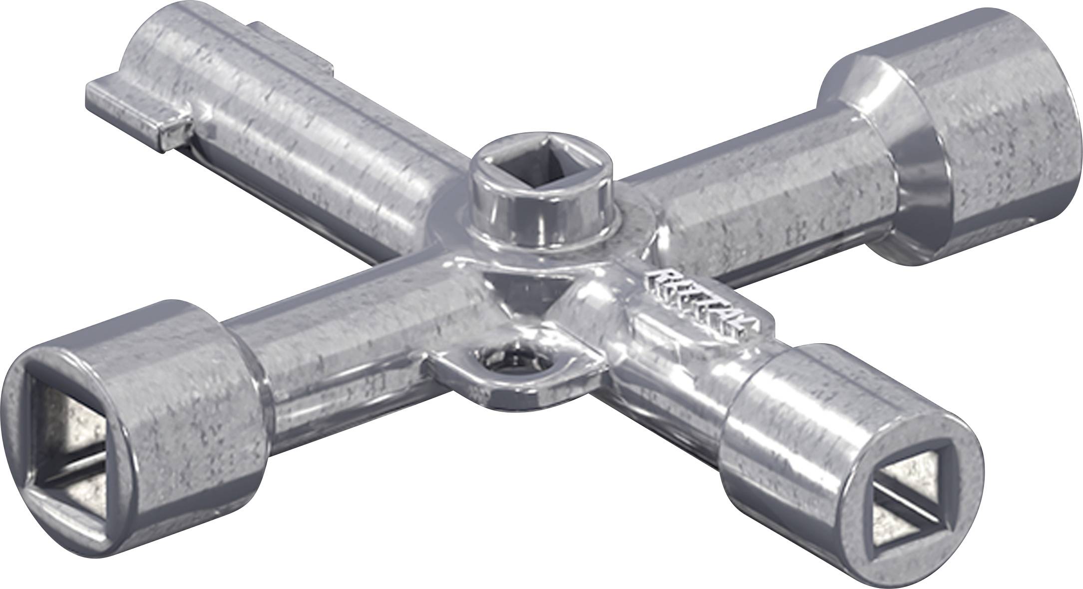 Metal cross key with four different key shapes at the ends; used for screws and valves.