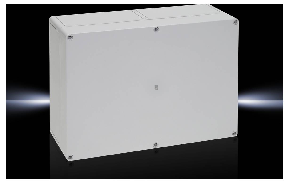 A grey, rectangular technical cabinet with screws at the corners stands against a dark background.