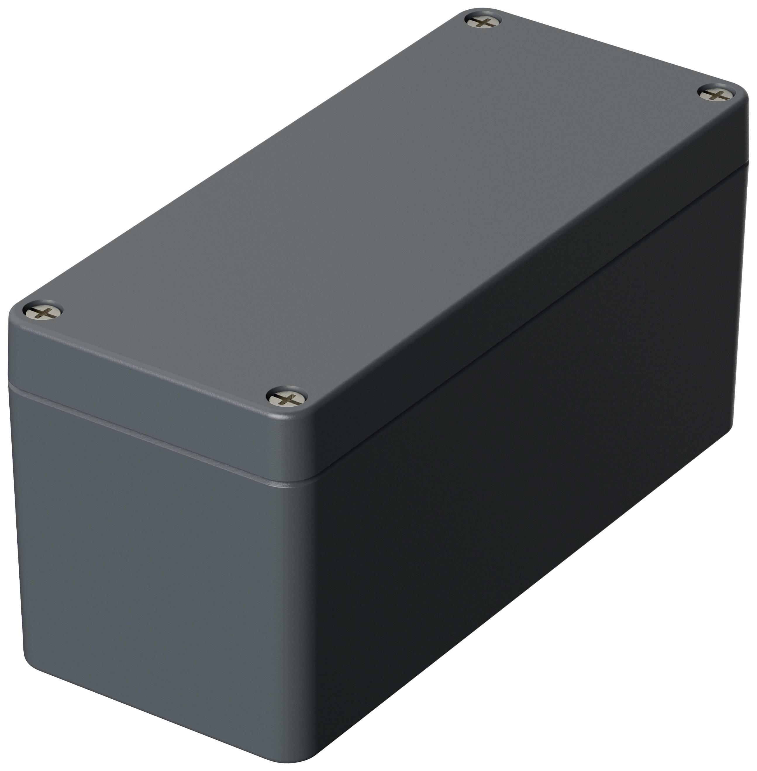 Grey rectangular enclosure with rounded corners and four visible screws at the corners of the lid.
