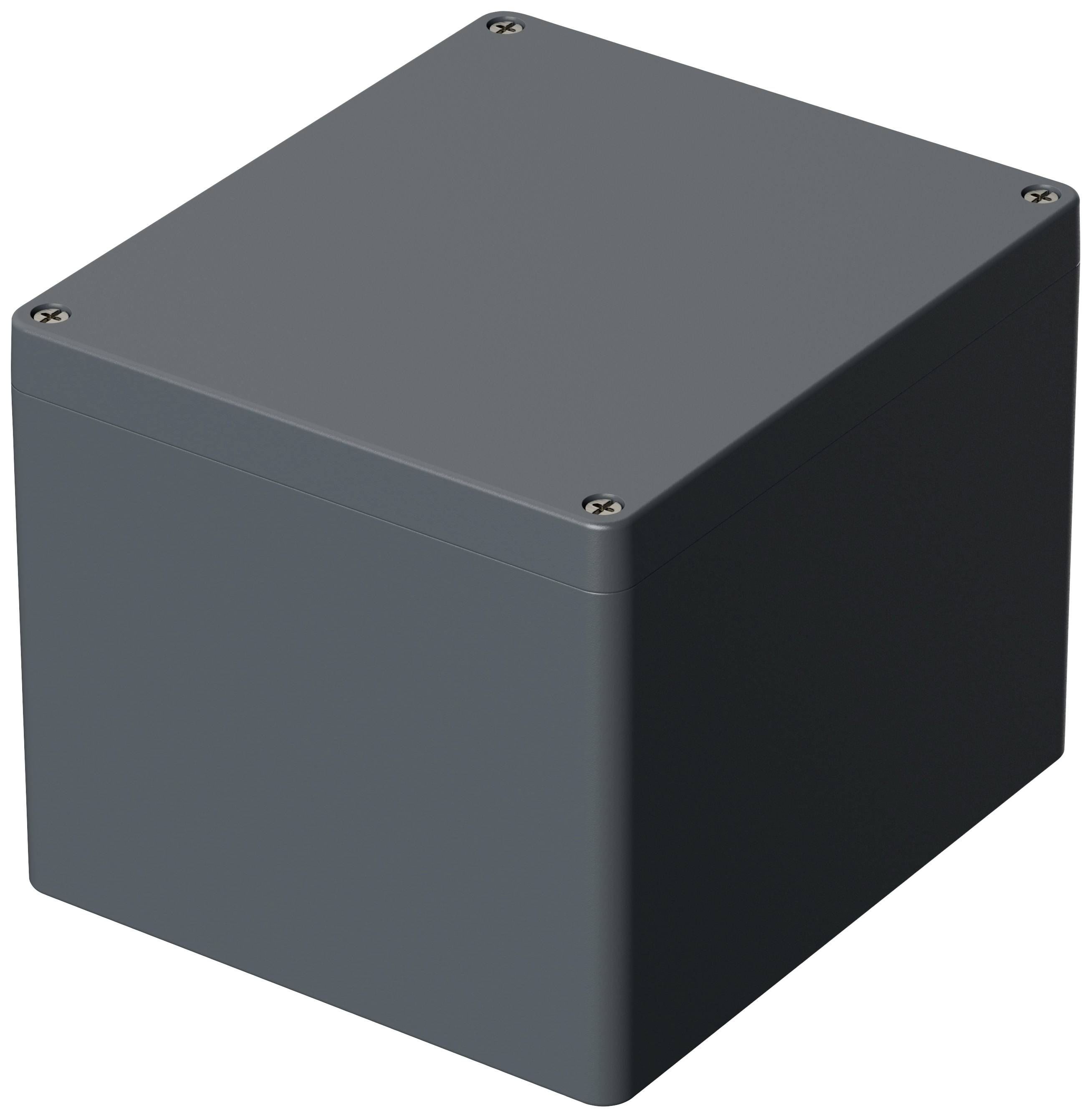 A square, grey metal box with rounded corners and screws at the lid's corners. It is closed and functional.