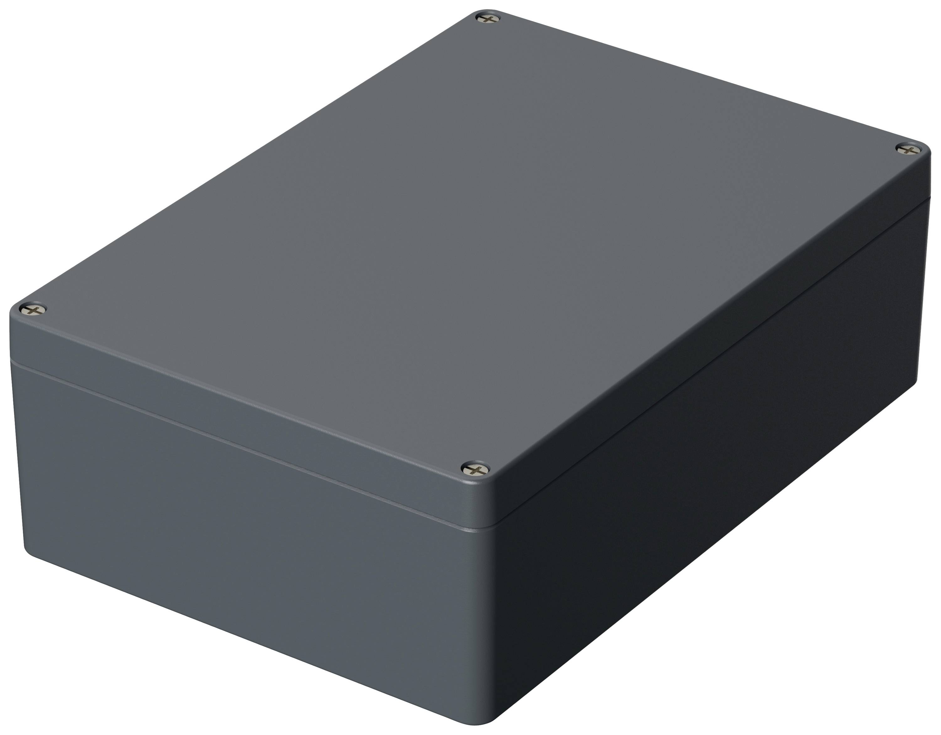 Rectangular, grey enclosure with screws at the corners, typically used for electronic components.