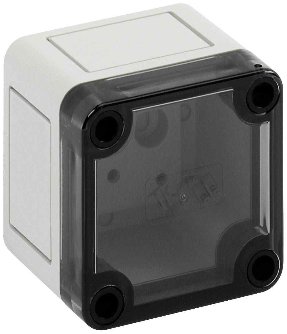 A square enclosure with a transparent lid, suitable for electrical installations, mountable indoors.