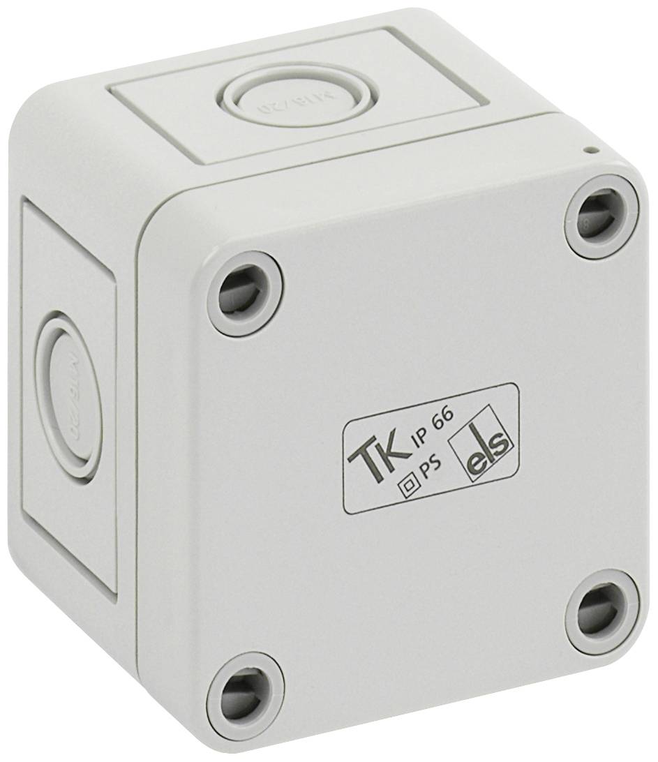 A grey electrical junction box by 'TK', IP66-certified, with four visible mounting screws at the corners.