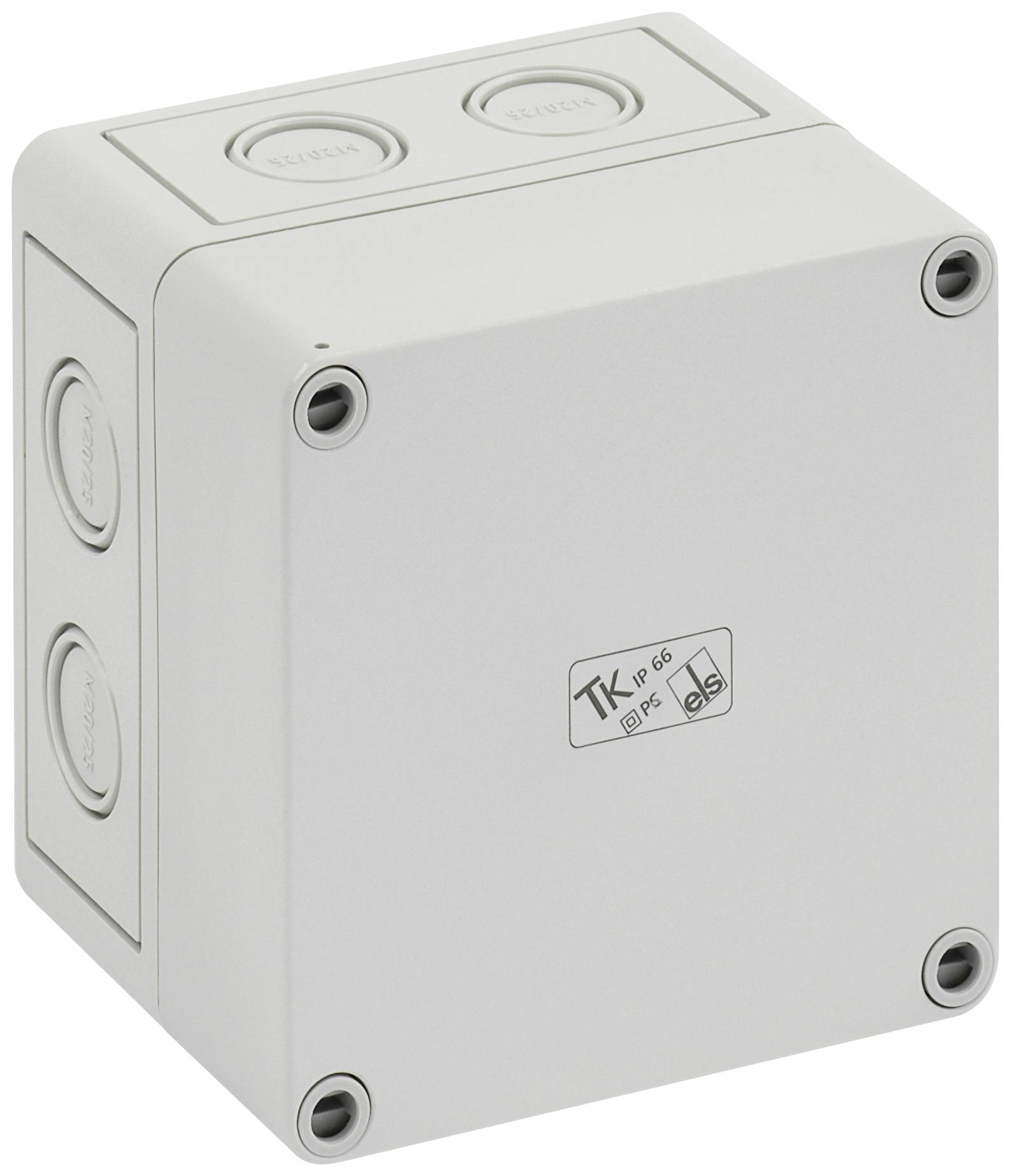 White, rectangular electrical installation box with rounded corners and securely screwed lid. Marking: 'TK IP 66'.
