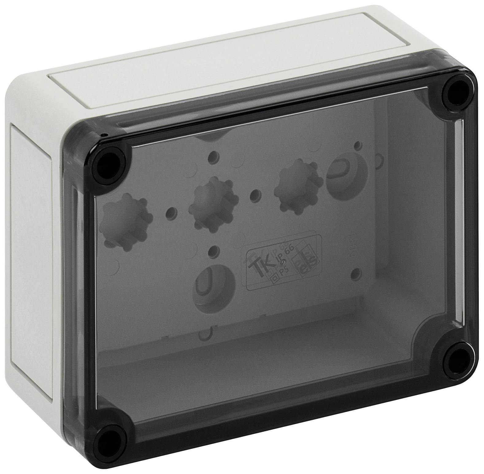 Grey, rectangular electronics enclosure box with a transparent lid and rounded corners, suitable for indoor installations.