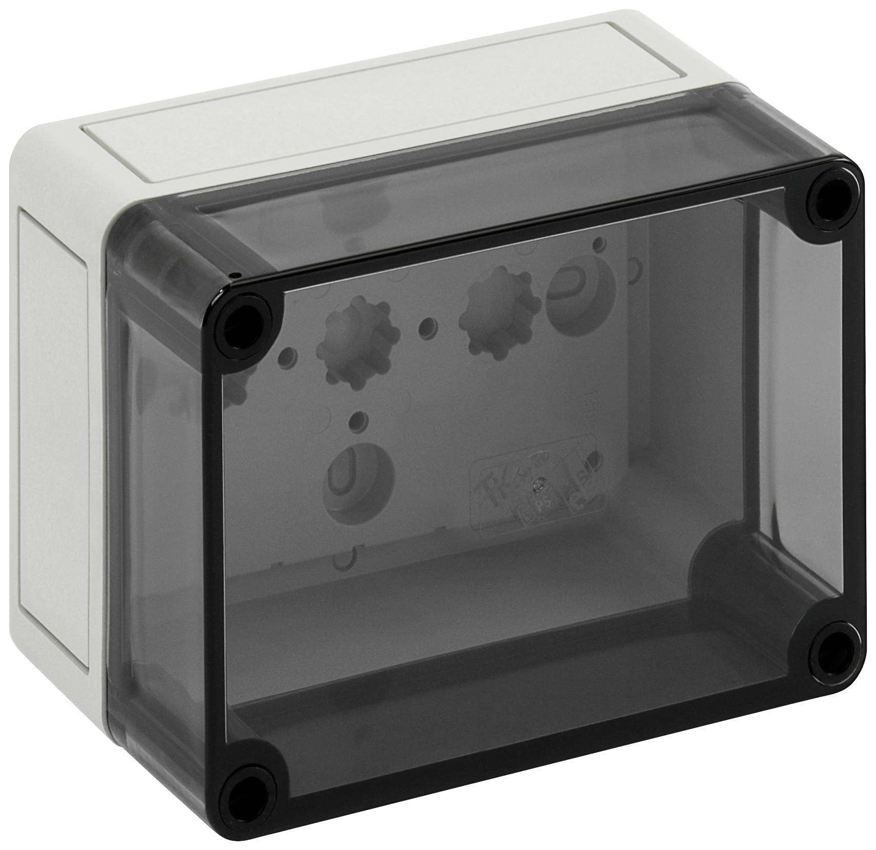 Plastic enclosure in a rectangular shape with a transparent lid and rounded corners, suitable for electrical installations.