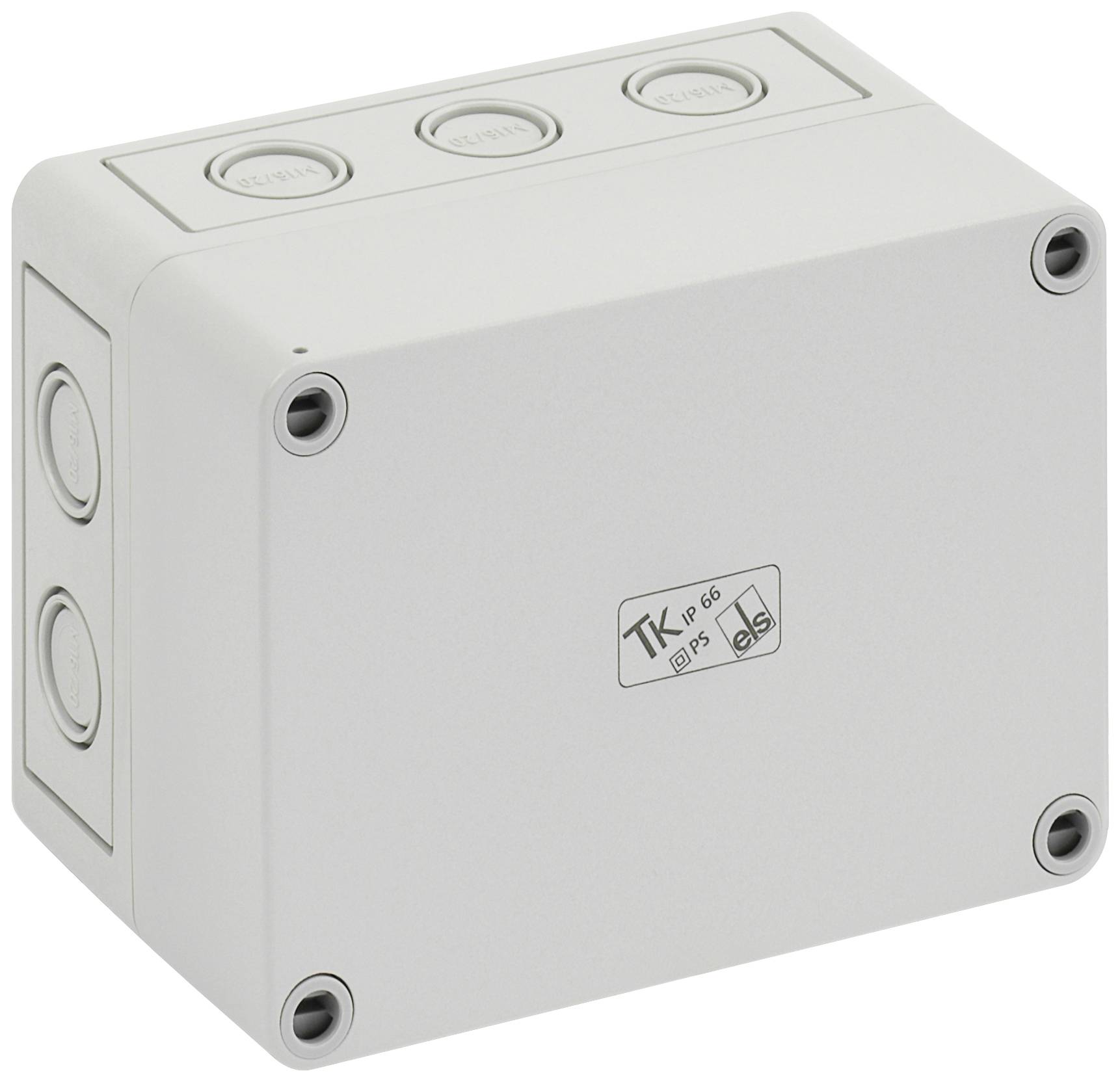 Plastic junction box with four screws at the corners and multiple cable entry points. Suitable for electrical installations.