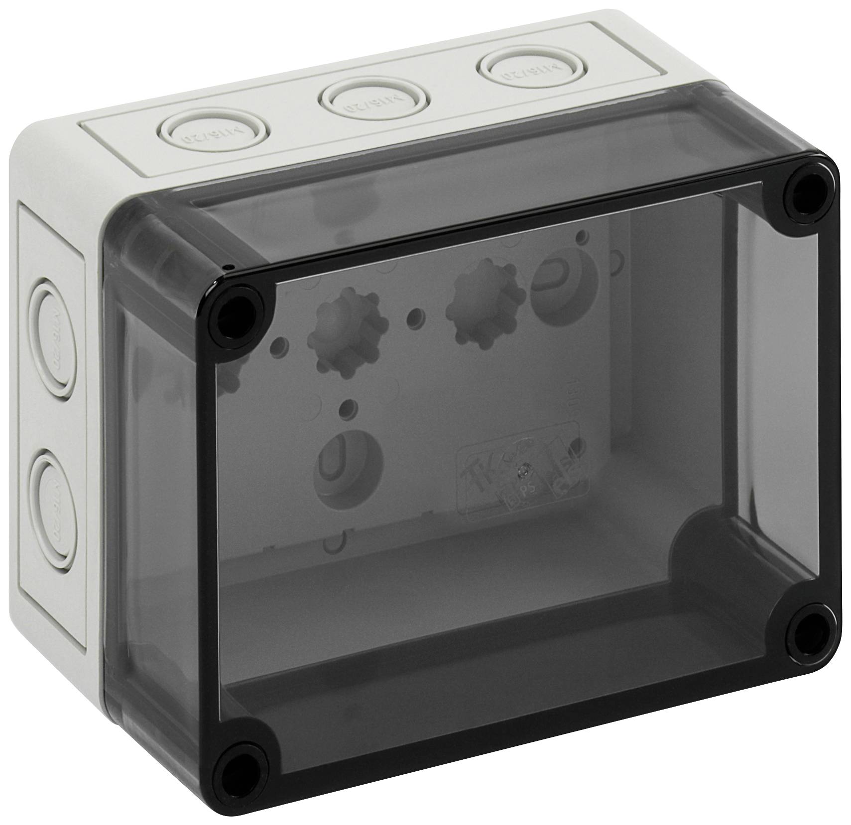 Housing box with transparent lid, four screws in the corners. Side cable entries, suitable for electrical installations.