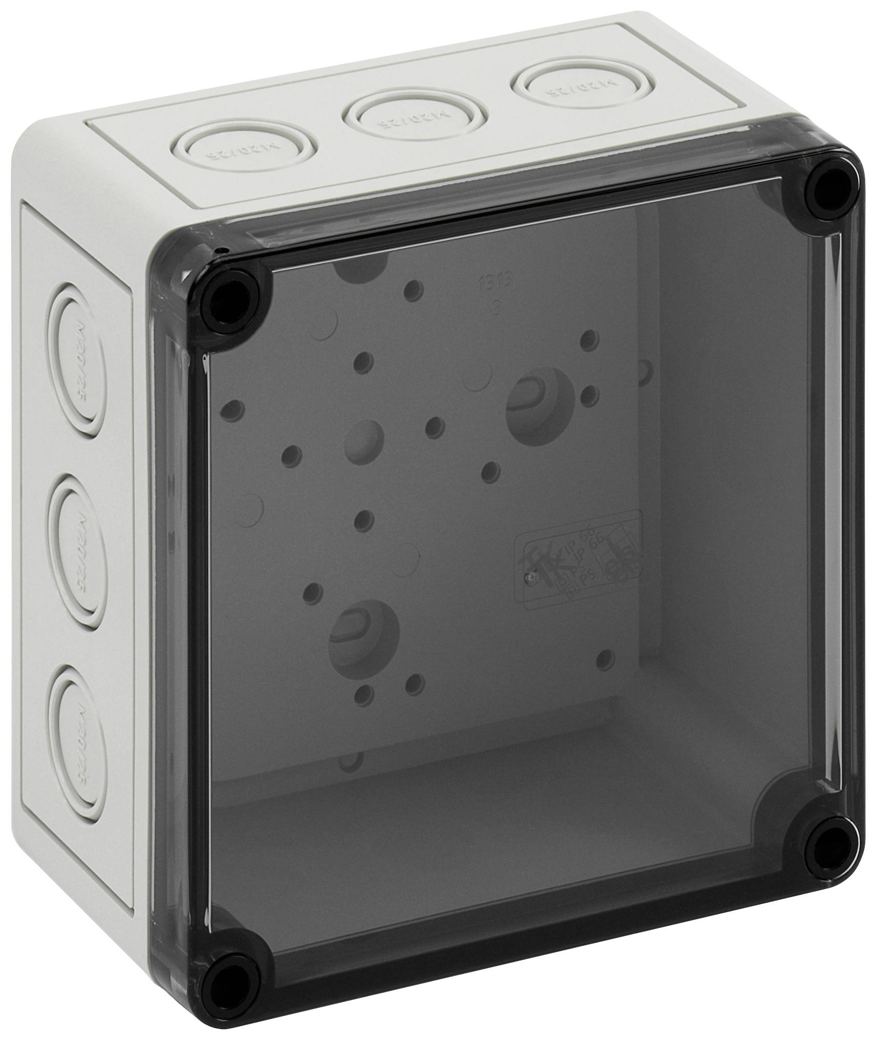 A grey plastic junction box with a transparent lid, suitable for electrical installations in indoor or outdoor areas.