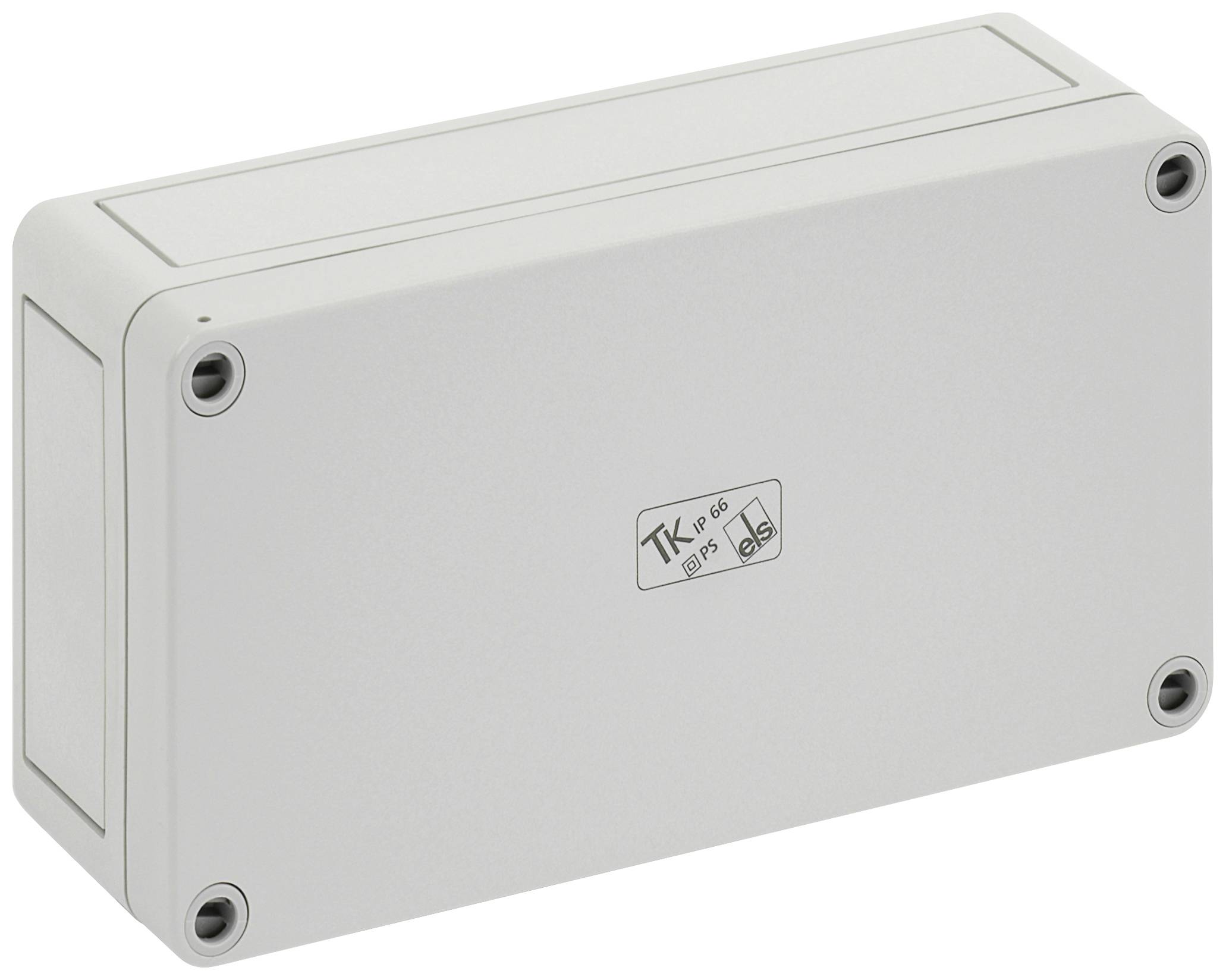 Rectangular grey enclosure with screw fasteners, suitable for electrical engineering, rated 'IP66' for dust and water protection.