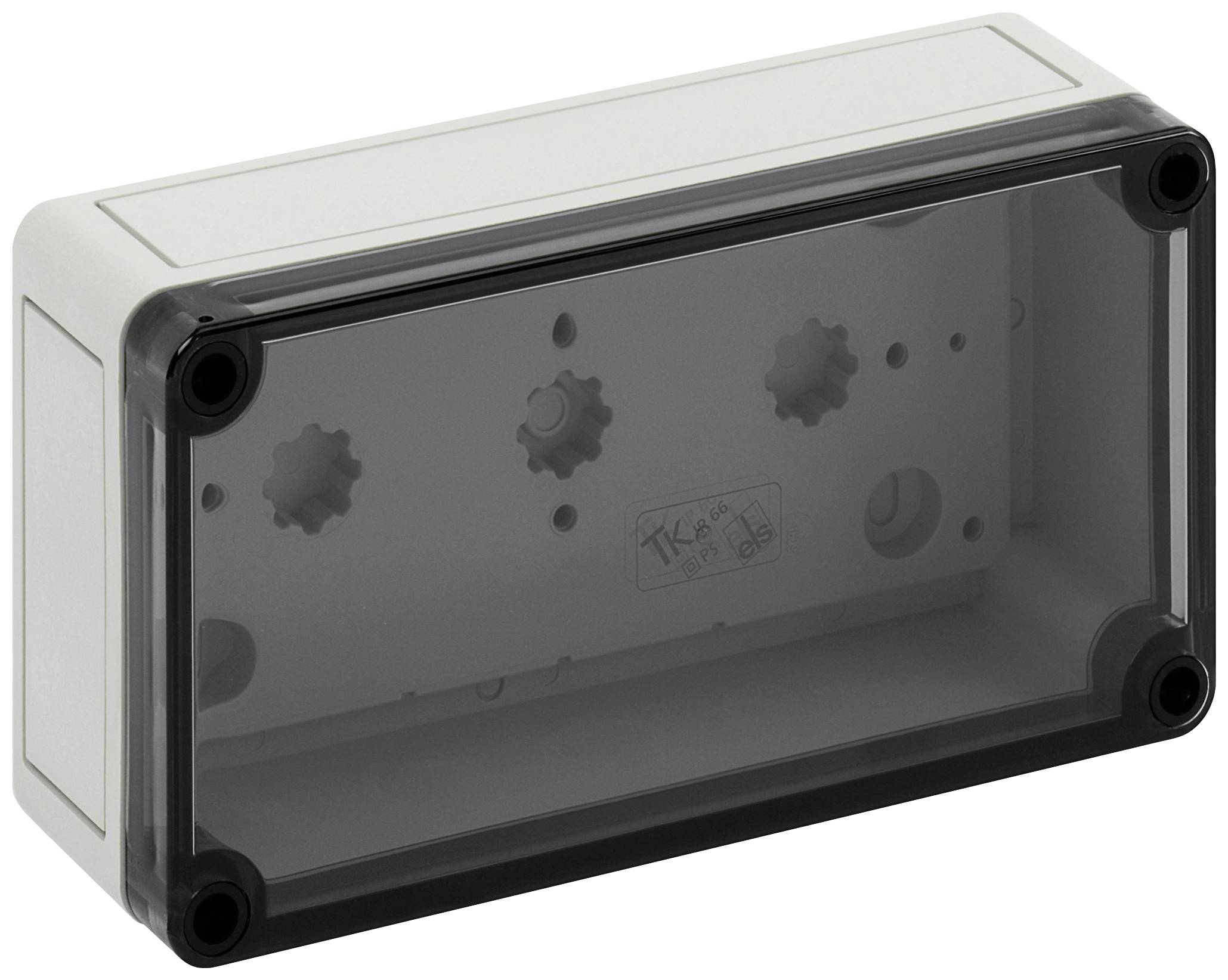 Grey rectangular electronics enclosure with a black transparent lid, screw holes at the corners and multiple internal mounting points.