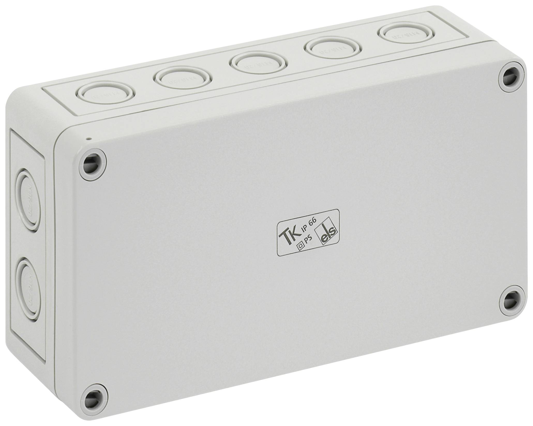 Rectangular, grey plastic enclosure with screws at the corners and round inlets on the sides.
