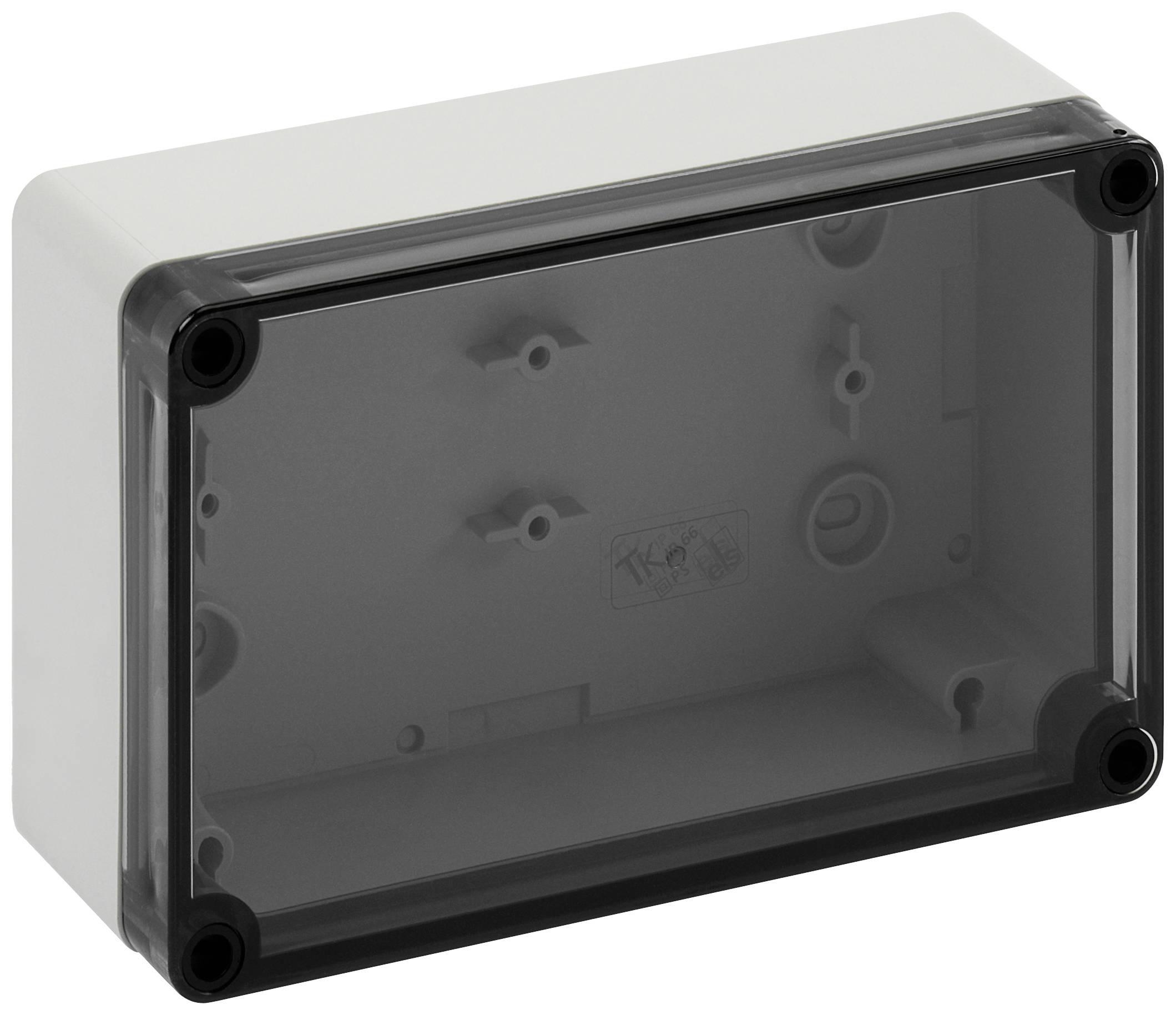 Plastic enclosure with transparent cover, rectangular in shape, suitable for housing electrical components or circuit boards.