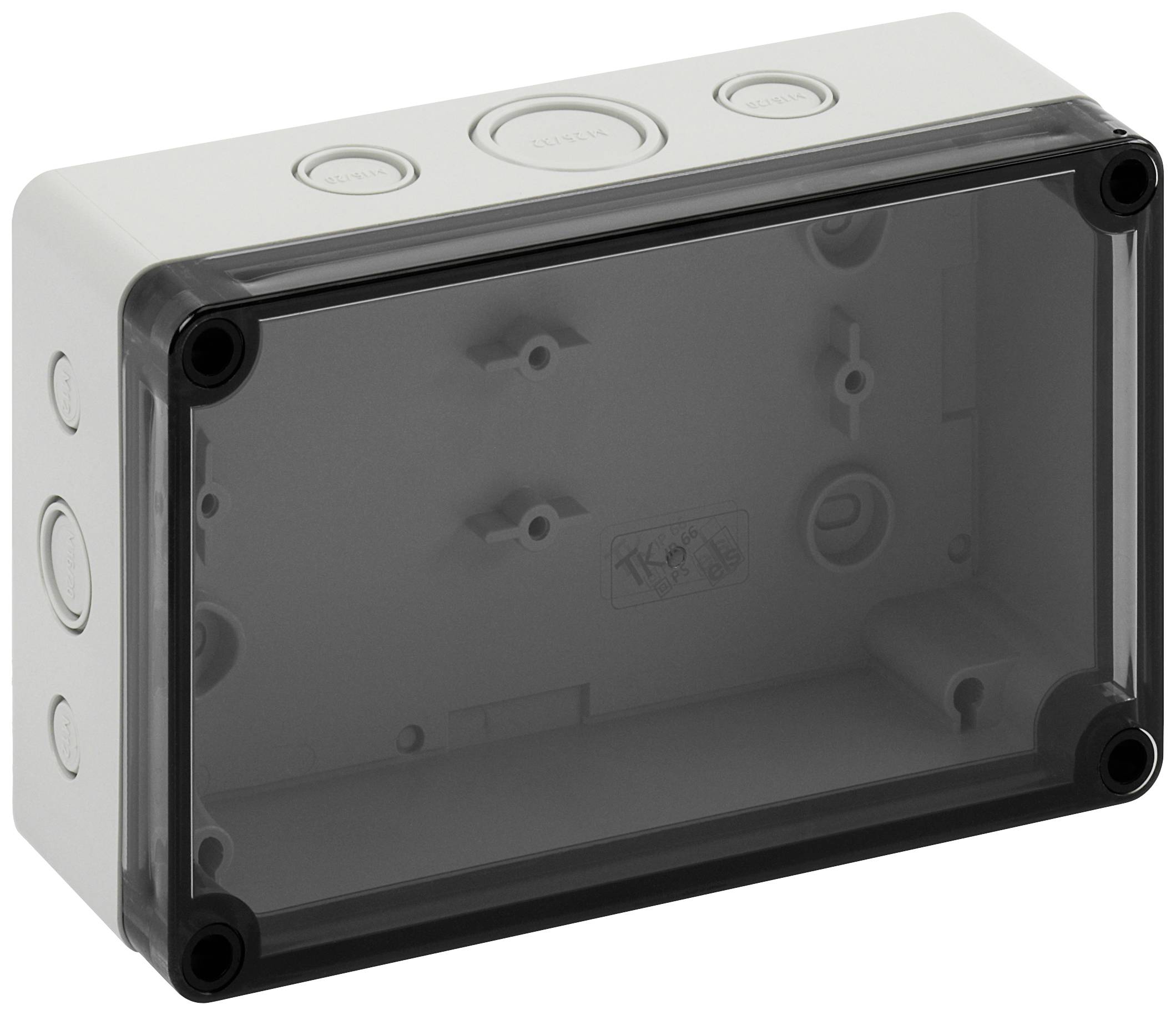 Plastic enclosure with a transparent cover and multiple circular openings; suitable for housing electronic components.