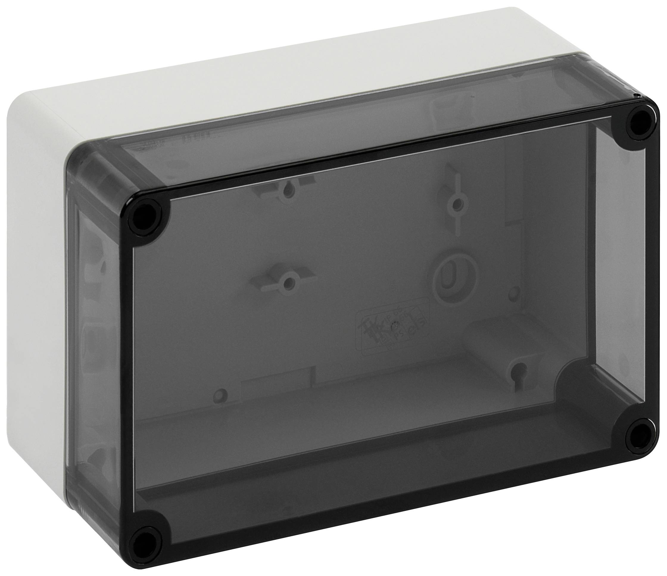 Grey rectangular plastic casing with a transparent lid and four visible screws in the corners.