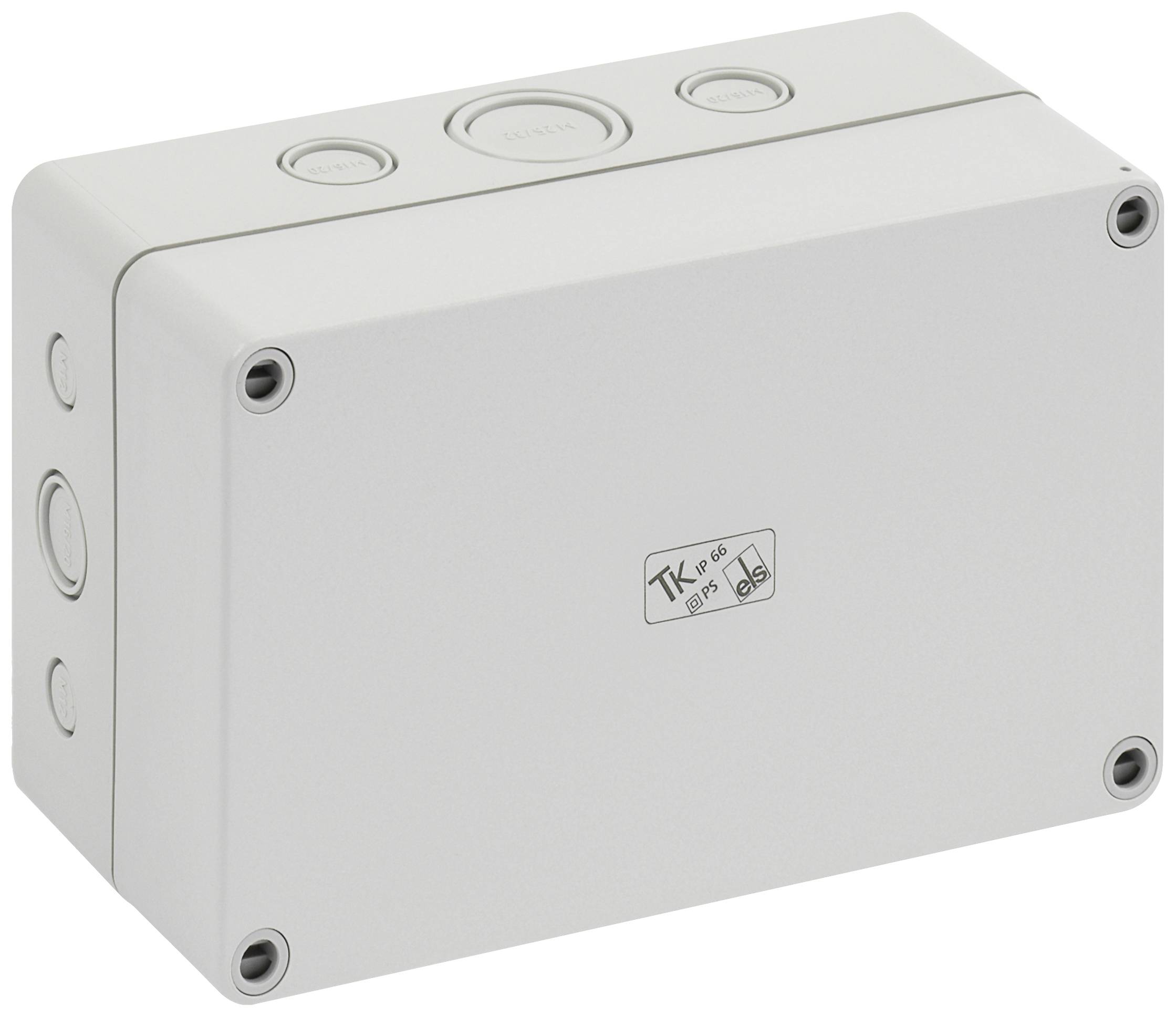 Plastic electrical junction box with multiple sealed cable entries, suitable for various installations.