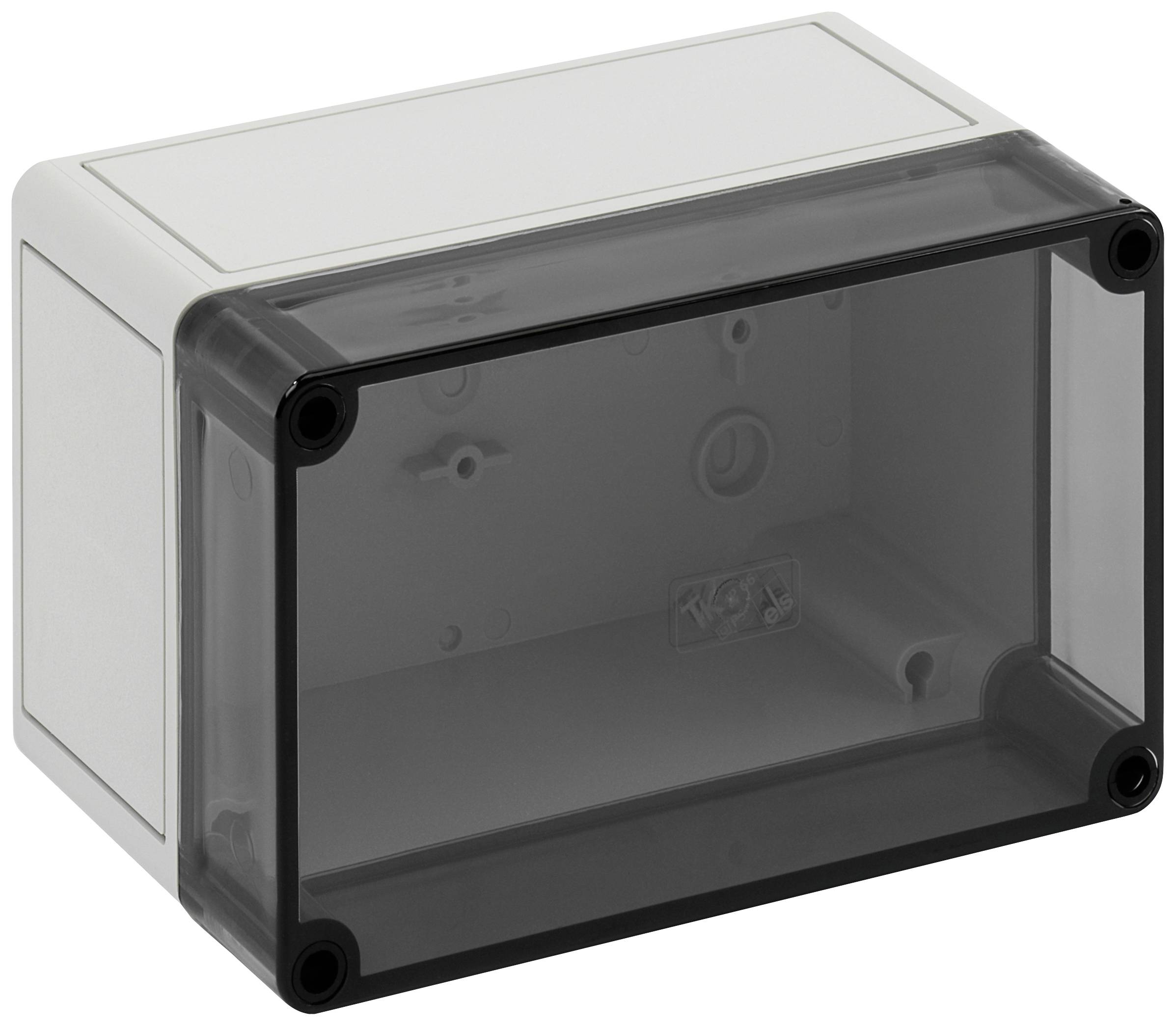 A rectangular, transparent junction box with a removable, smoke-grey cover, suitable for cable wiring in electronic projects.