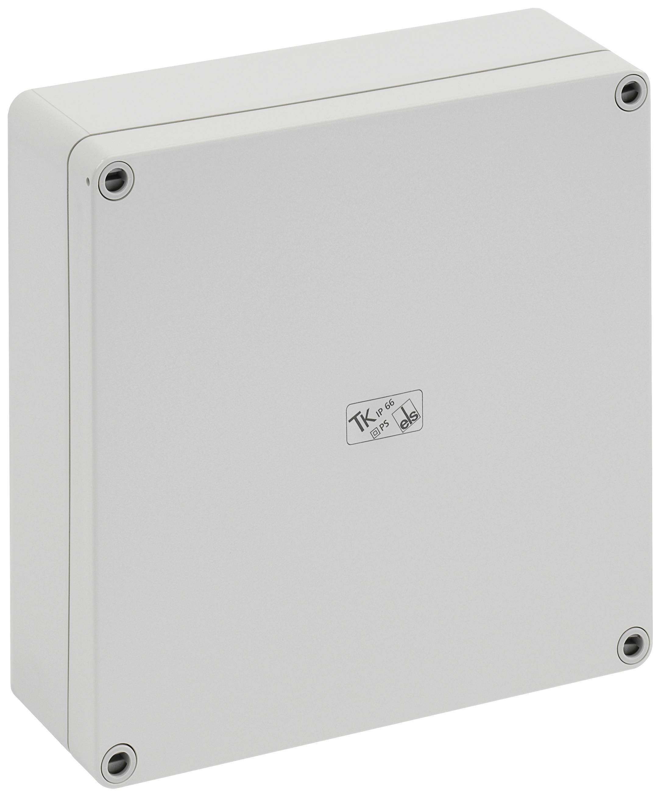 A rectangular, grey enclosure with screws at the corners and a small logo in the centre.