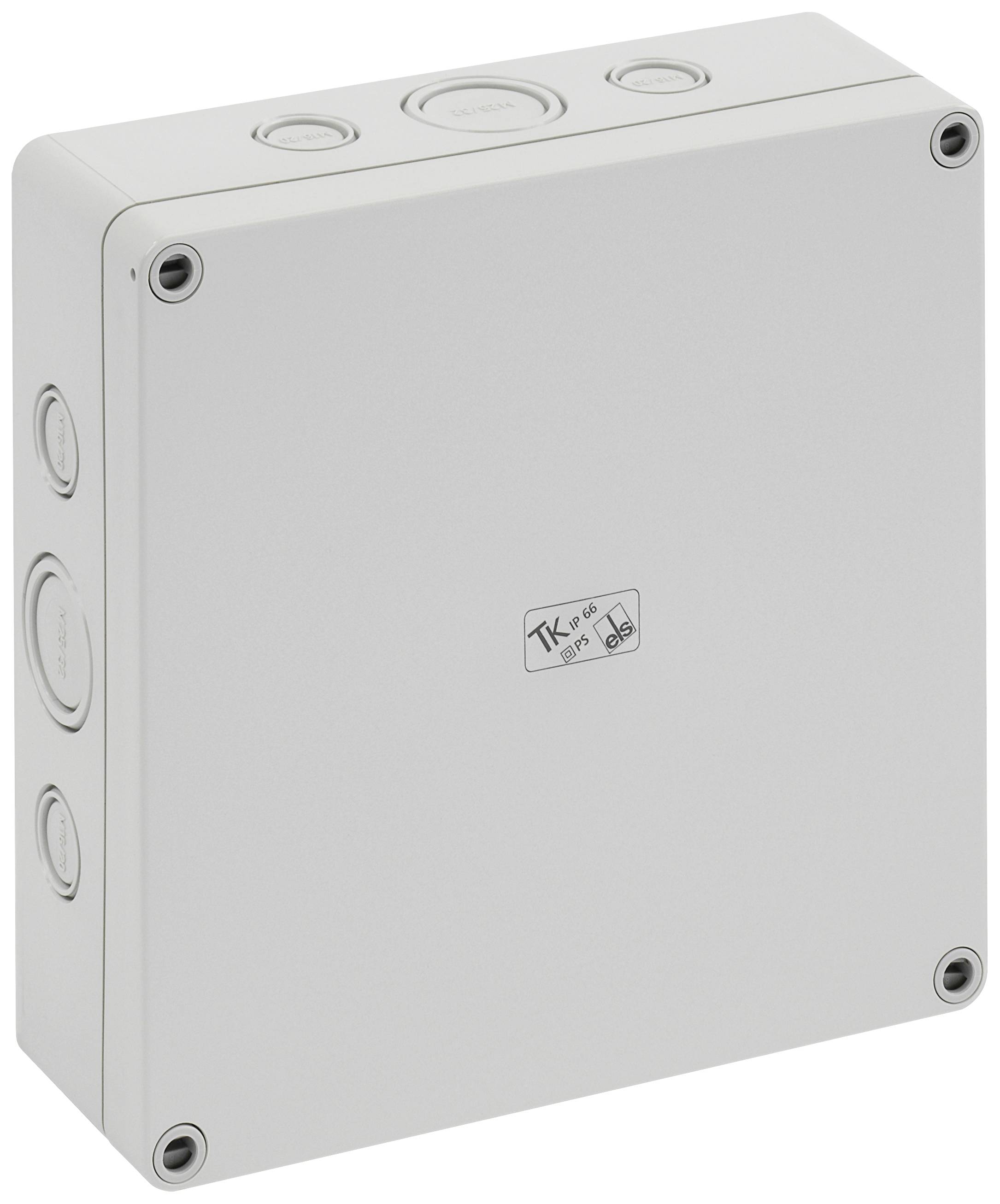 Rectangular, white electrical distribution box with four screws at the corners and multiple connection openings on the sides.