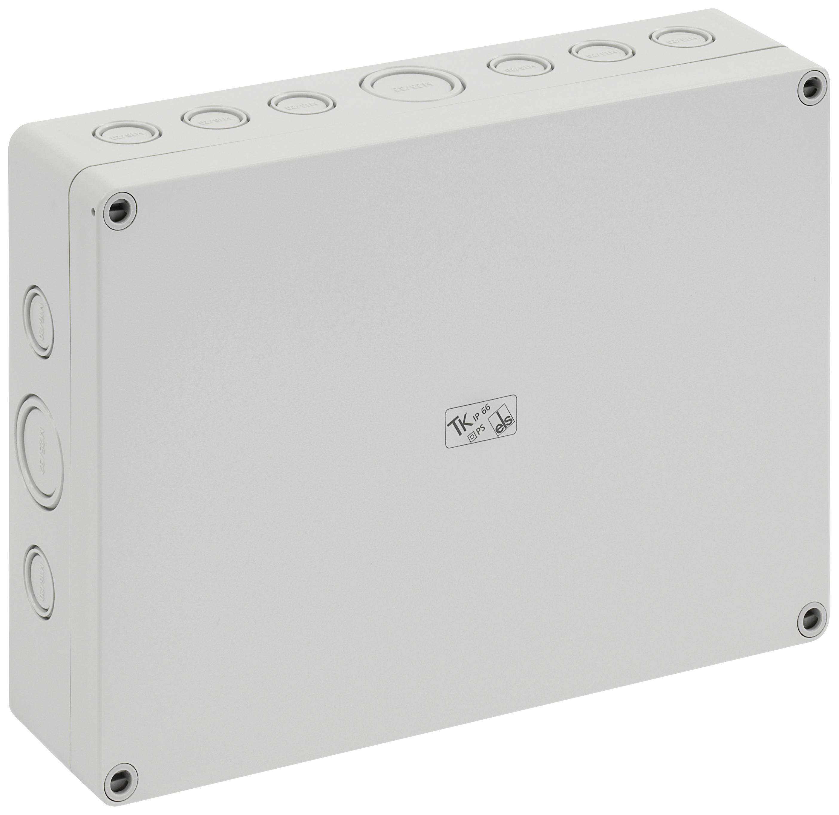 Grey, rectangular junction box with multiple round openings on the sides for cable entry. Suitable for electrical installations.