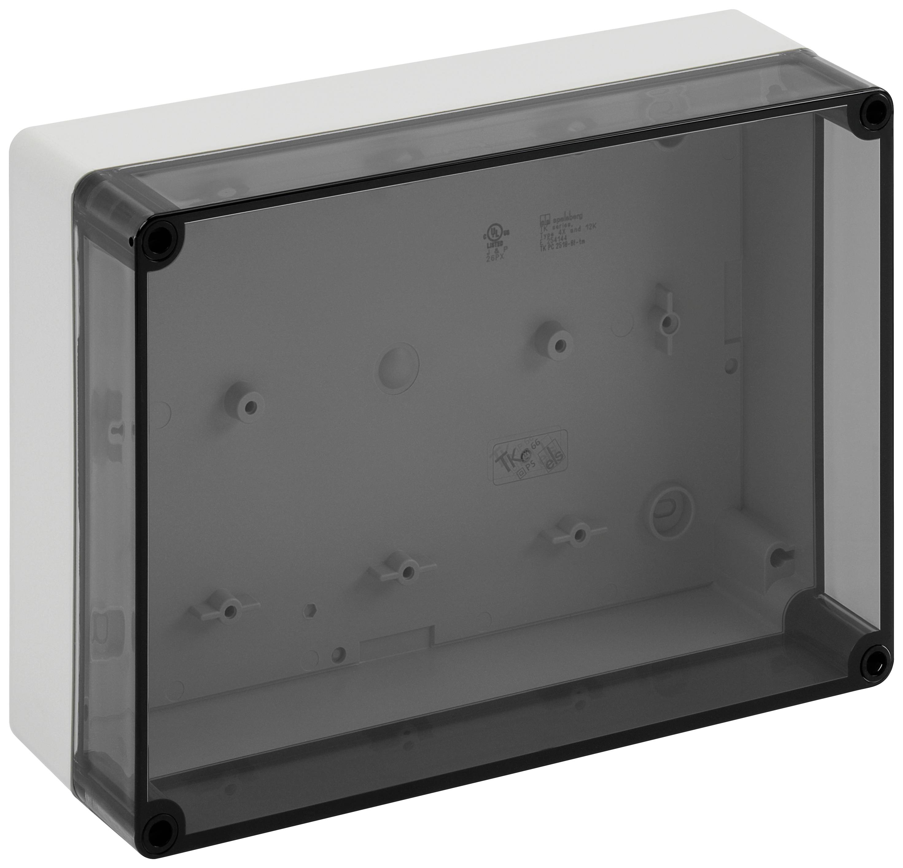 A rectangular, transparent plastic enclosure, suitable for housing electrical components, with black corners.