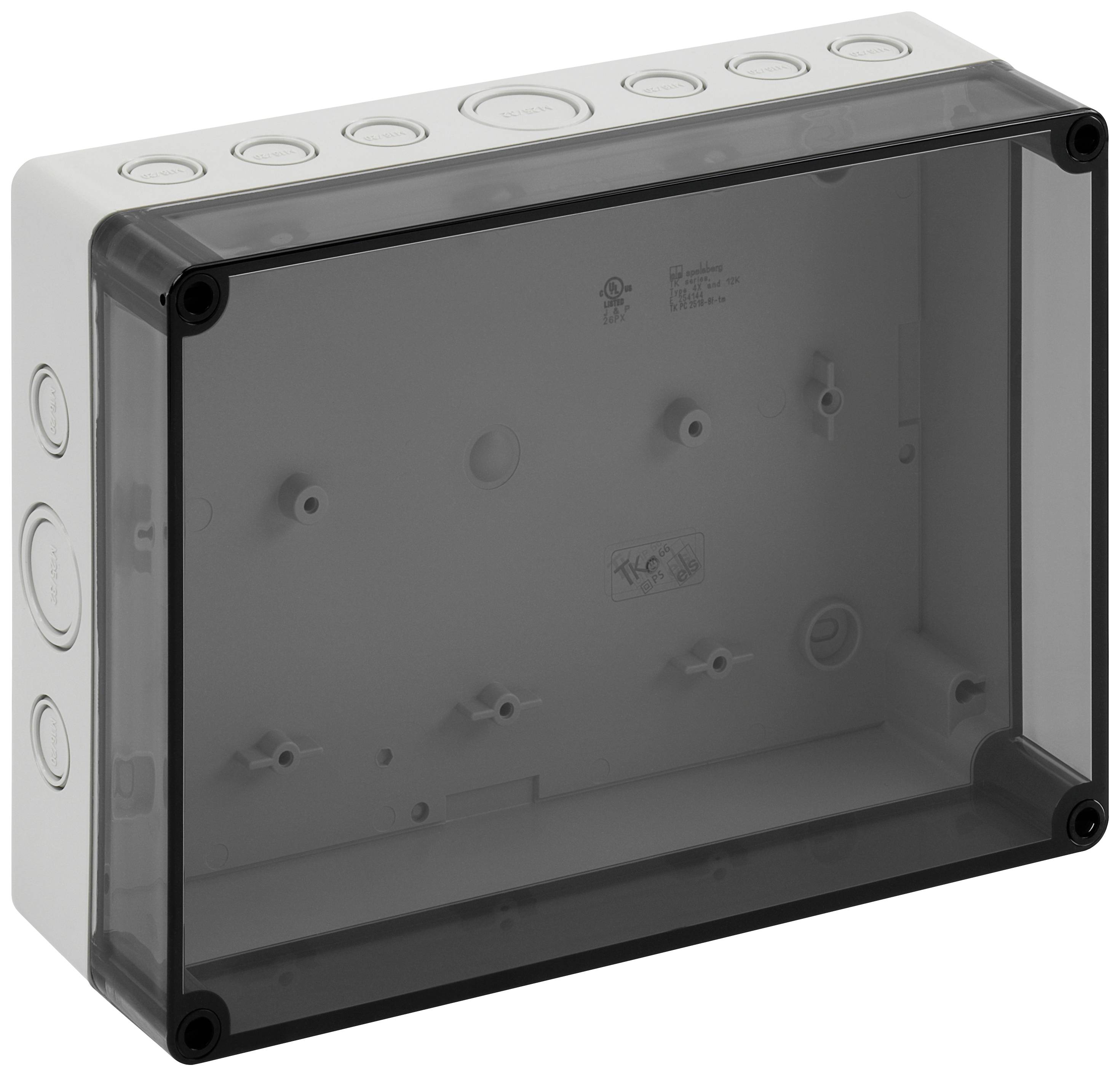 A rectangular, transparent plastic enclosure with multiple symmetrical side openings for cable passages.