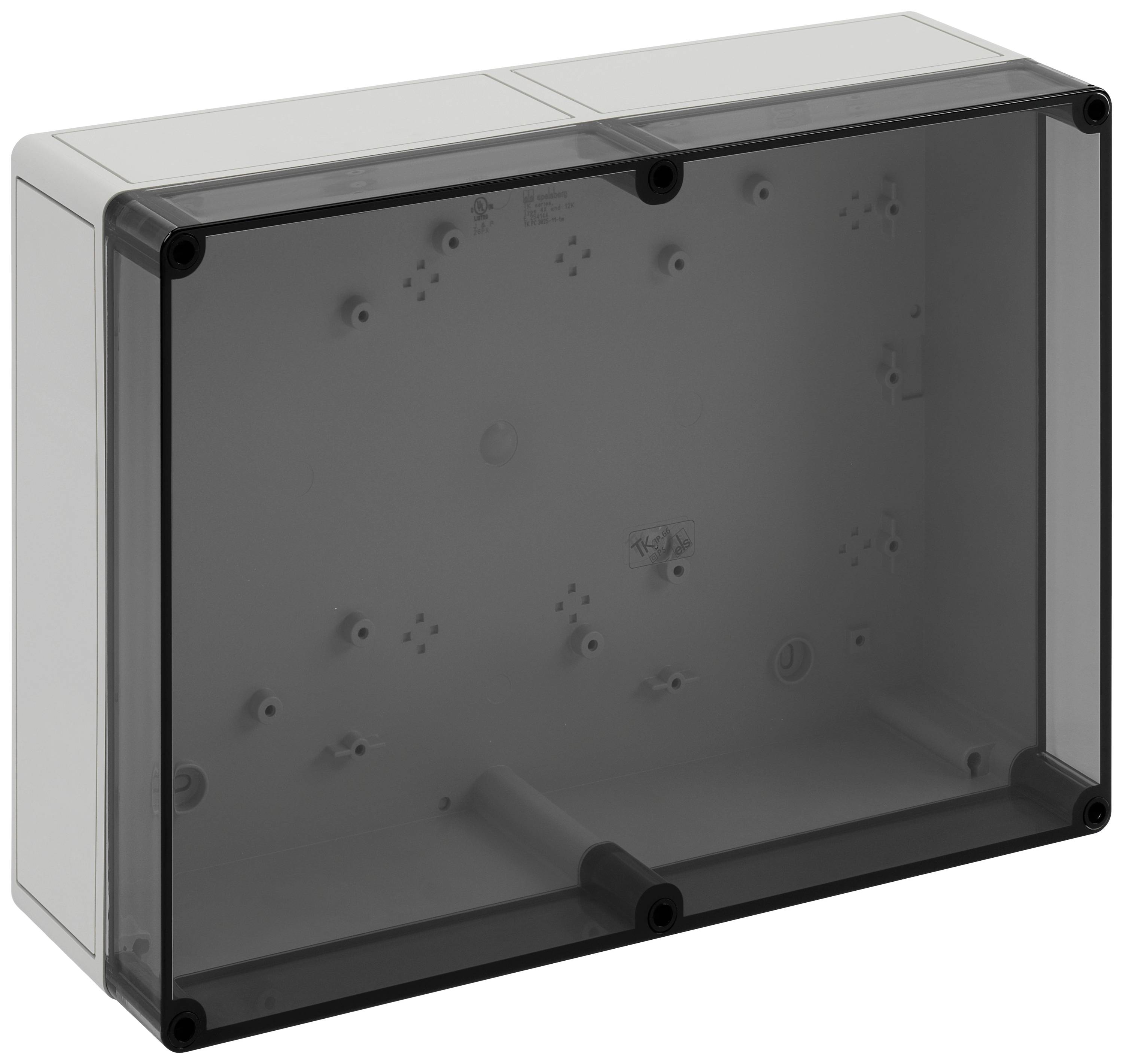 Empty, rectangular plastic enclosure with a transparent lid. Suitable for mounting electronic devices.