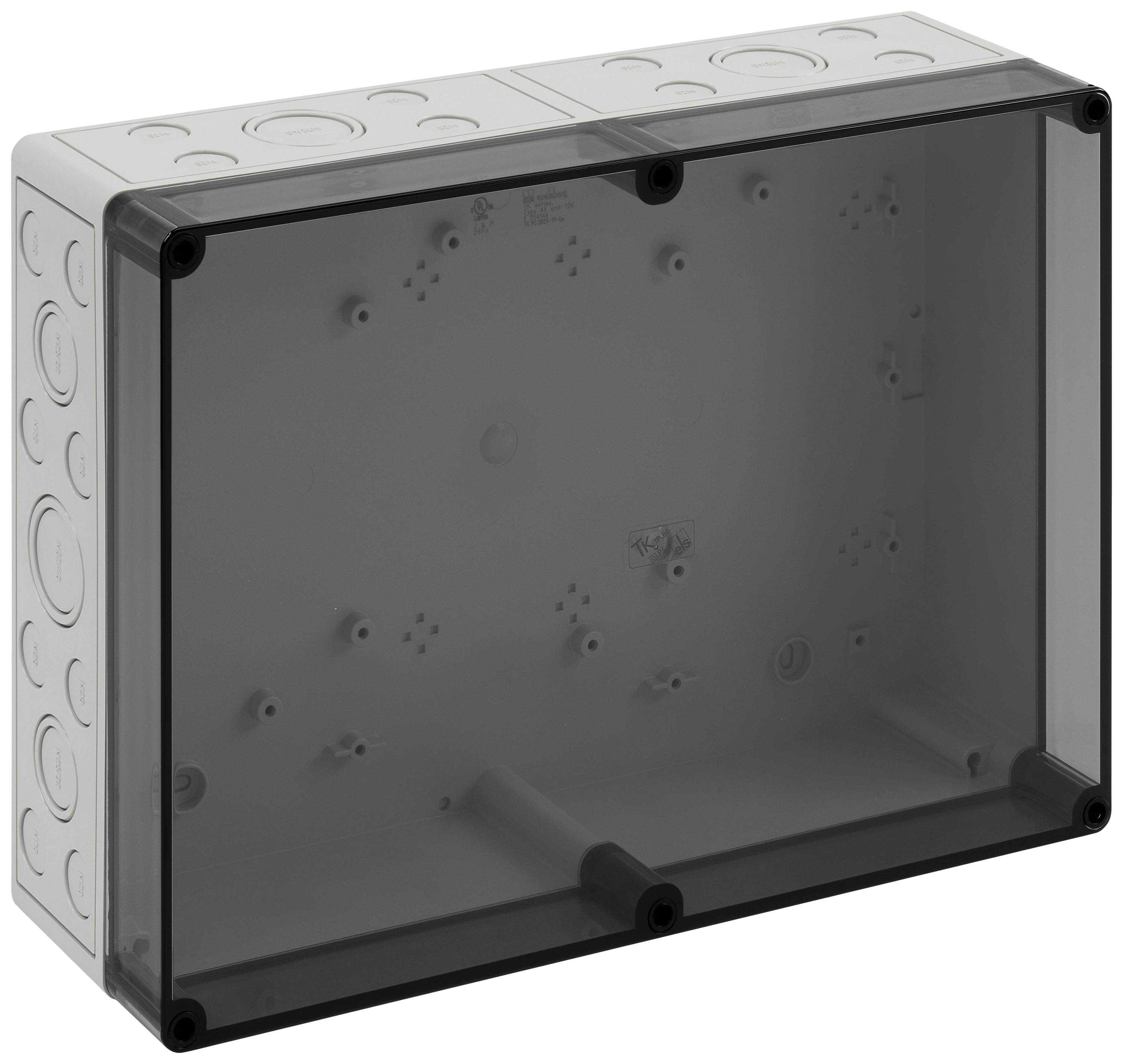 Rectangular, transparent plastic enclosure with multiple round knockout holes on the sides, suitable for electrical installations.