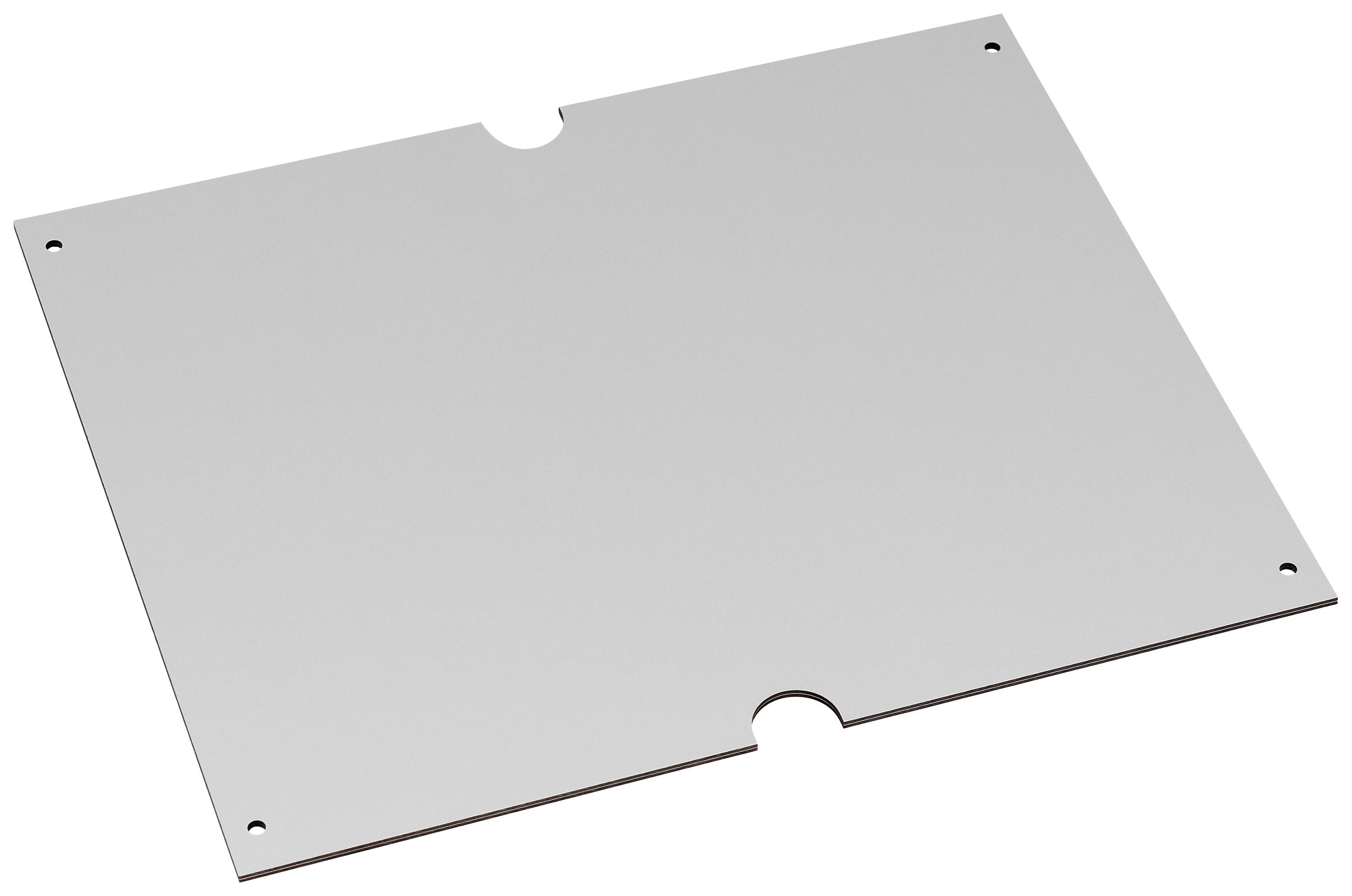 A rectangular metal plate with four holes at the corners and two recesses on opposite sides, placed on a white surface.