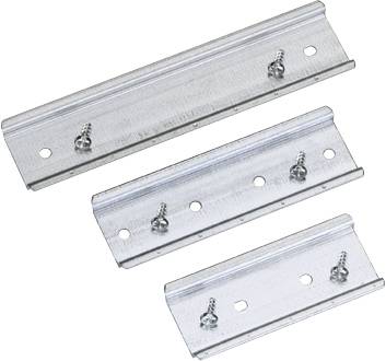 Three silver metal plates of different sizes, rectangular, with multiple holes and screws, are lying side by side on a white surface.