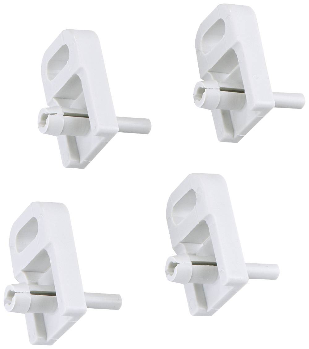 Four white plastic corner brackets with a pin, likely furniture connectors. They are evenly aligned, with openings for fastening.