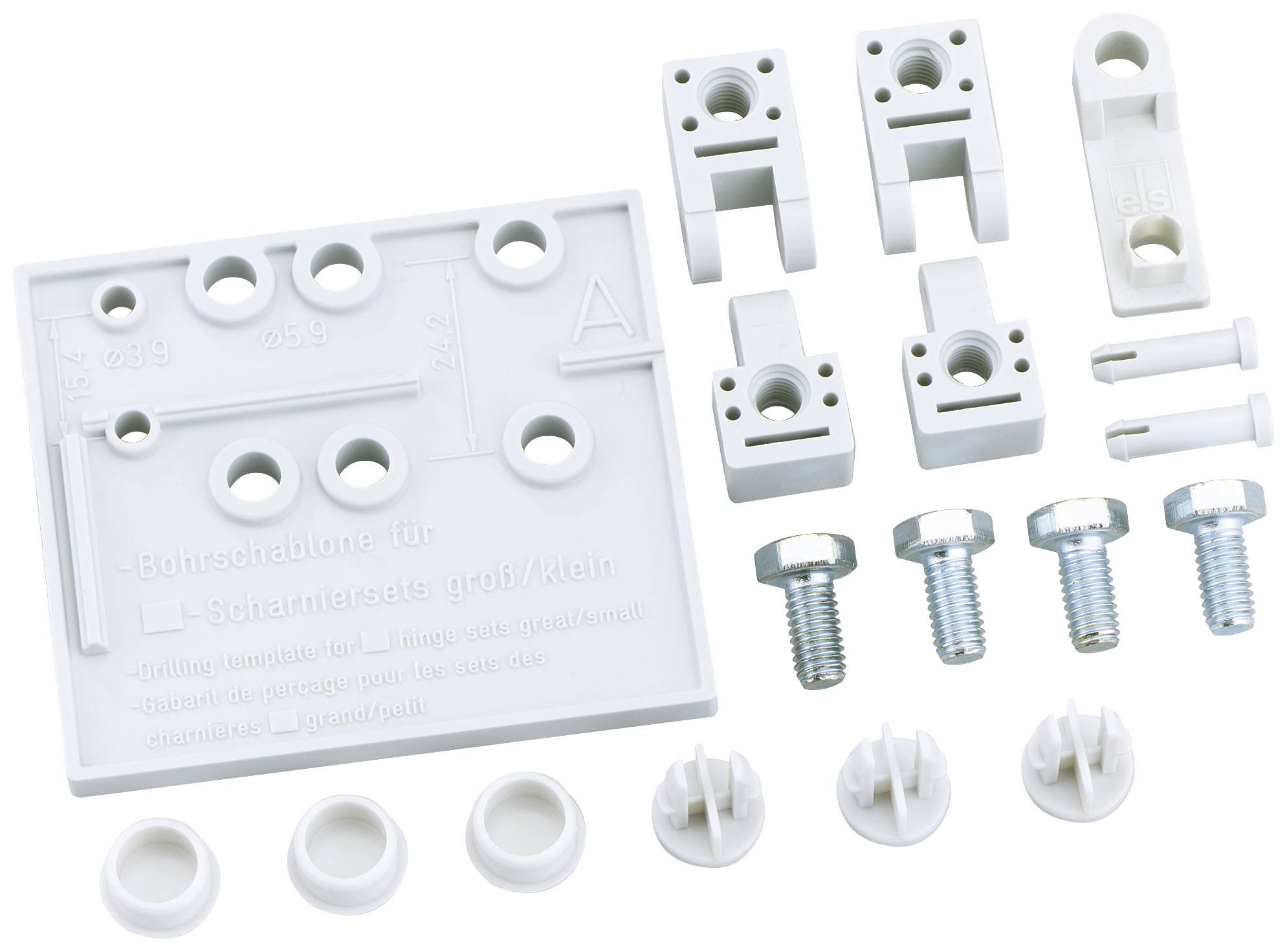 A set of white plastic components and screws, designed for mounting purposes, with a drilling template for various sizes.