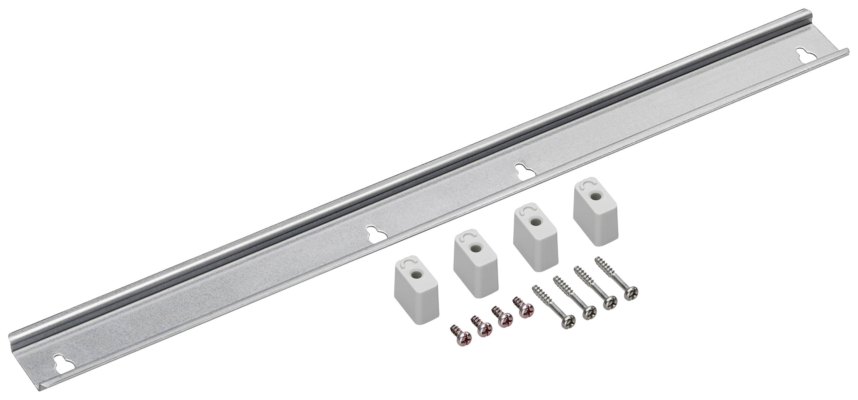 Metal rail with four white plastic holders and six mounting screws; set for easy installation.