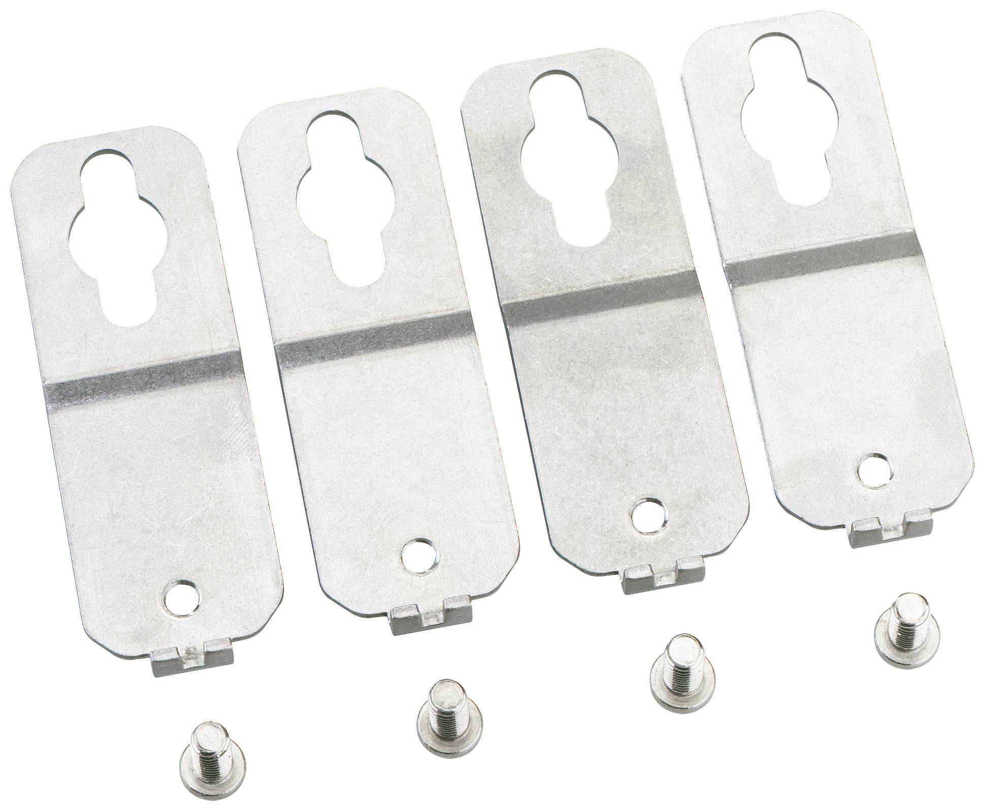 Four metal mounting plates for wall brackets with matching screws arranged underneath.