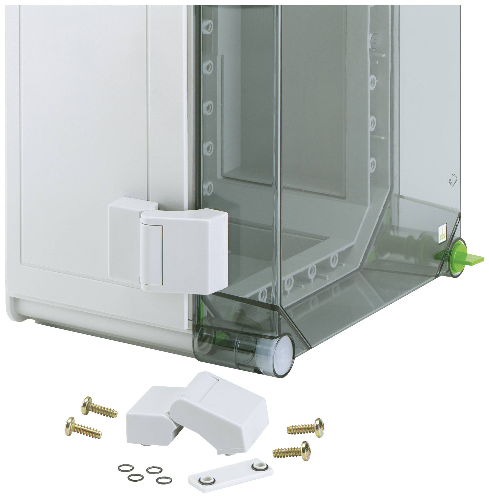 A translucent enclosure with white hinges, screws, and washers. It appears to be intended for mounting or electrical connection.