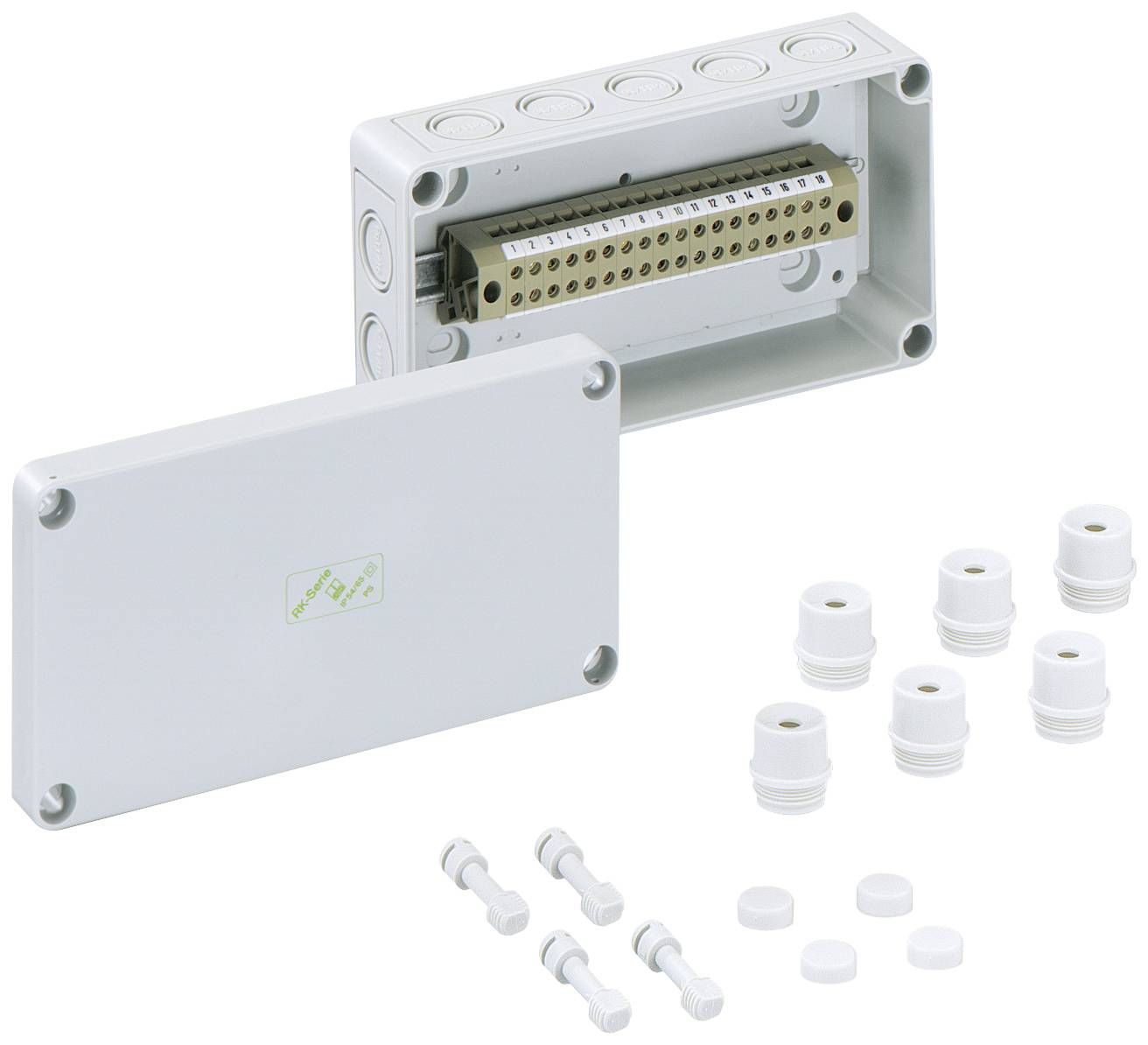 Junction box for electrical installations, with a plastic housing and multiple cable entries. Accessories such as screws and mounting elements beside it.