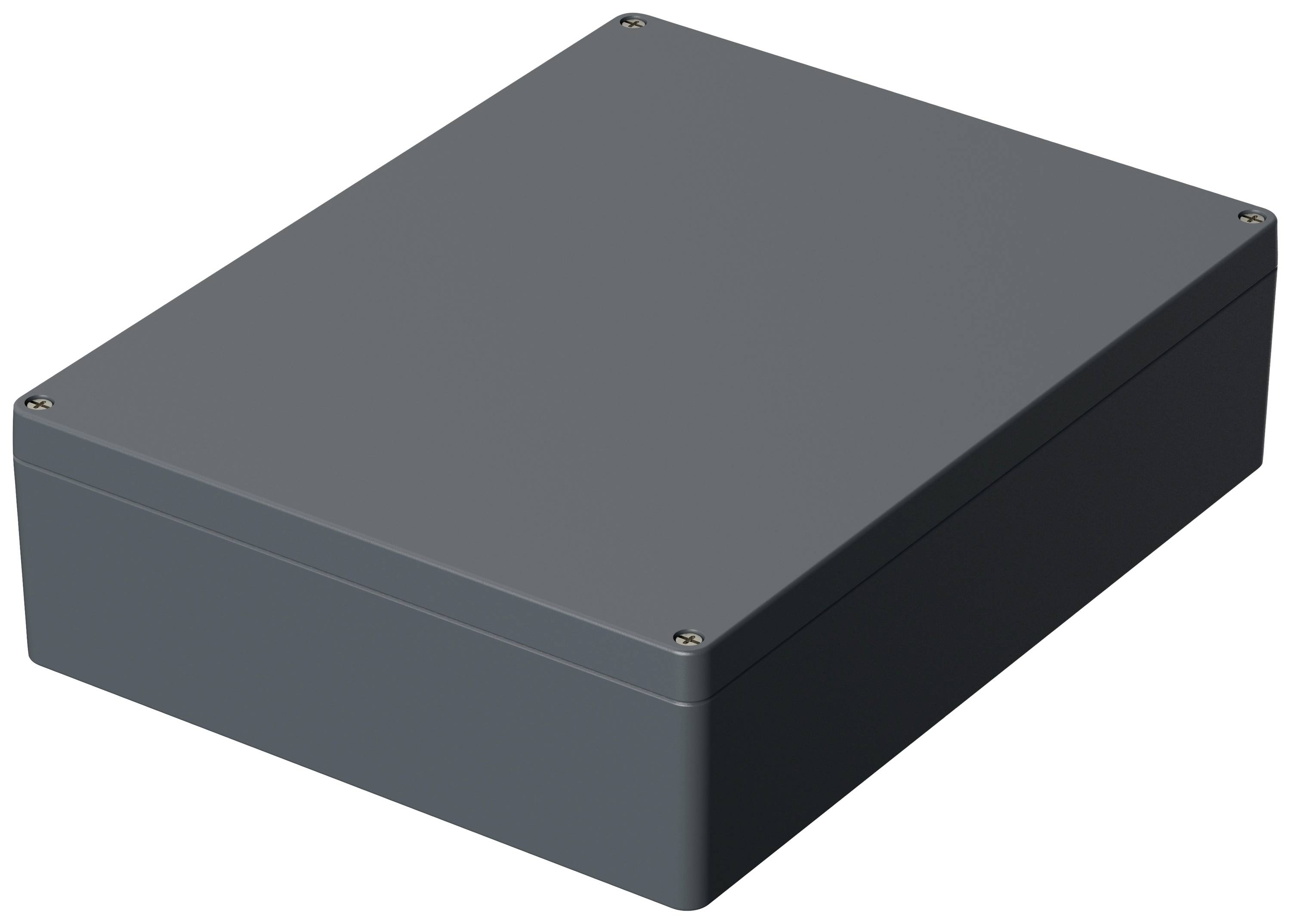 A dark grey, rectangular enclosure with rounded edges and four screws at the corners, likely for electronic devices.