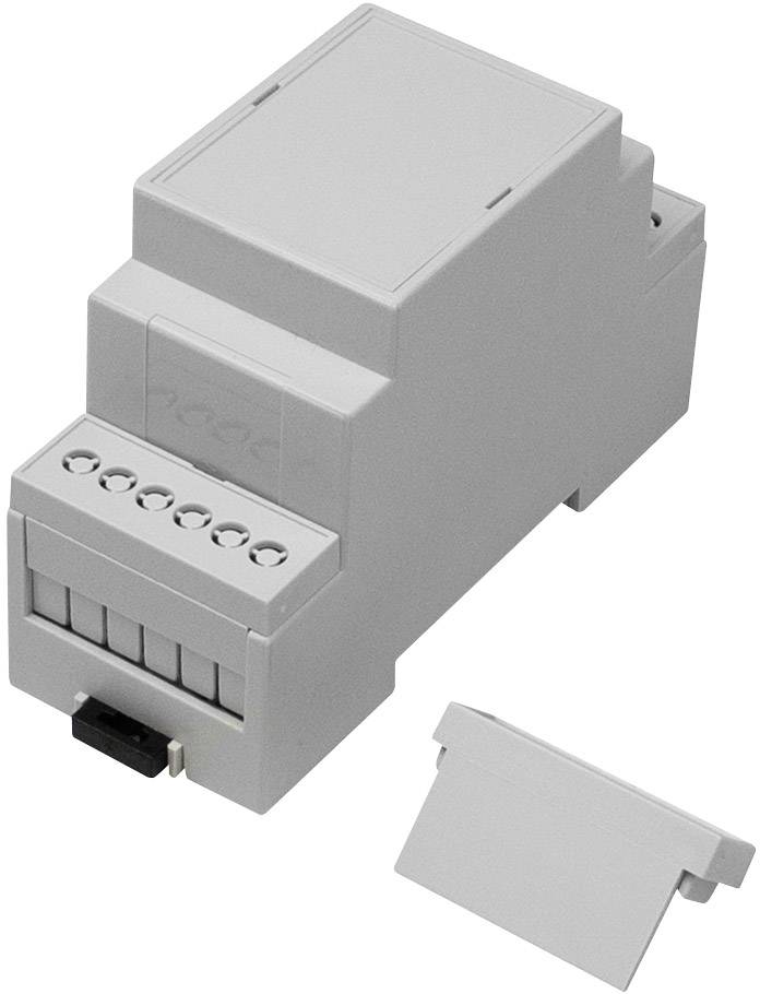 A grey electronic device with multiple terminal blocks and a removable lid. It is suitable for mounting on a DIN rail.
