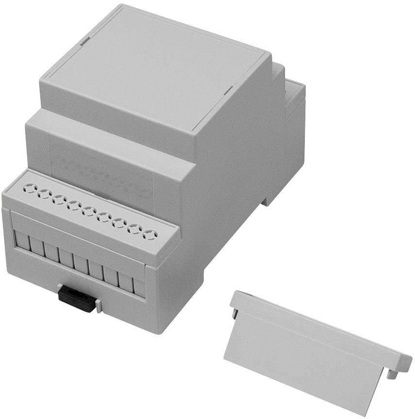 A grey, rectangular electronic enclosure with a removable cover and multiple connection terminals on the front.