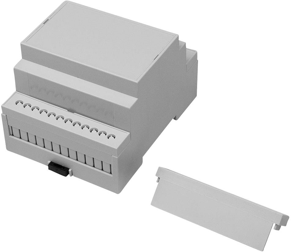 Grey DIN rail enclosure with removable lid. Suitable for electrical connections in switchgear installations.