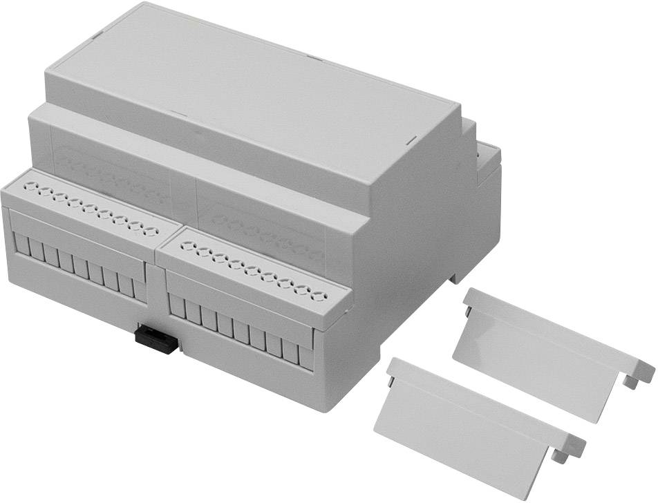 Electronic device in grey with removable covers, suitable for mounting on a DIN rail. Primarily for industrial applications.