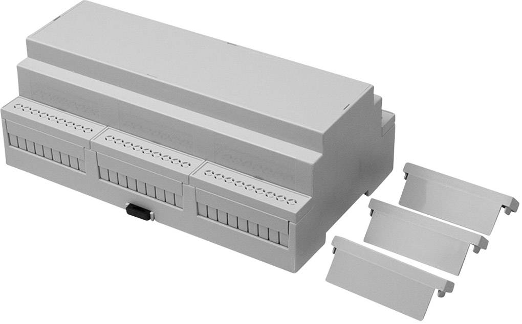 Electrical distribution enclosure with removable covers, suitable for DIN rail mounting.