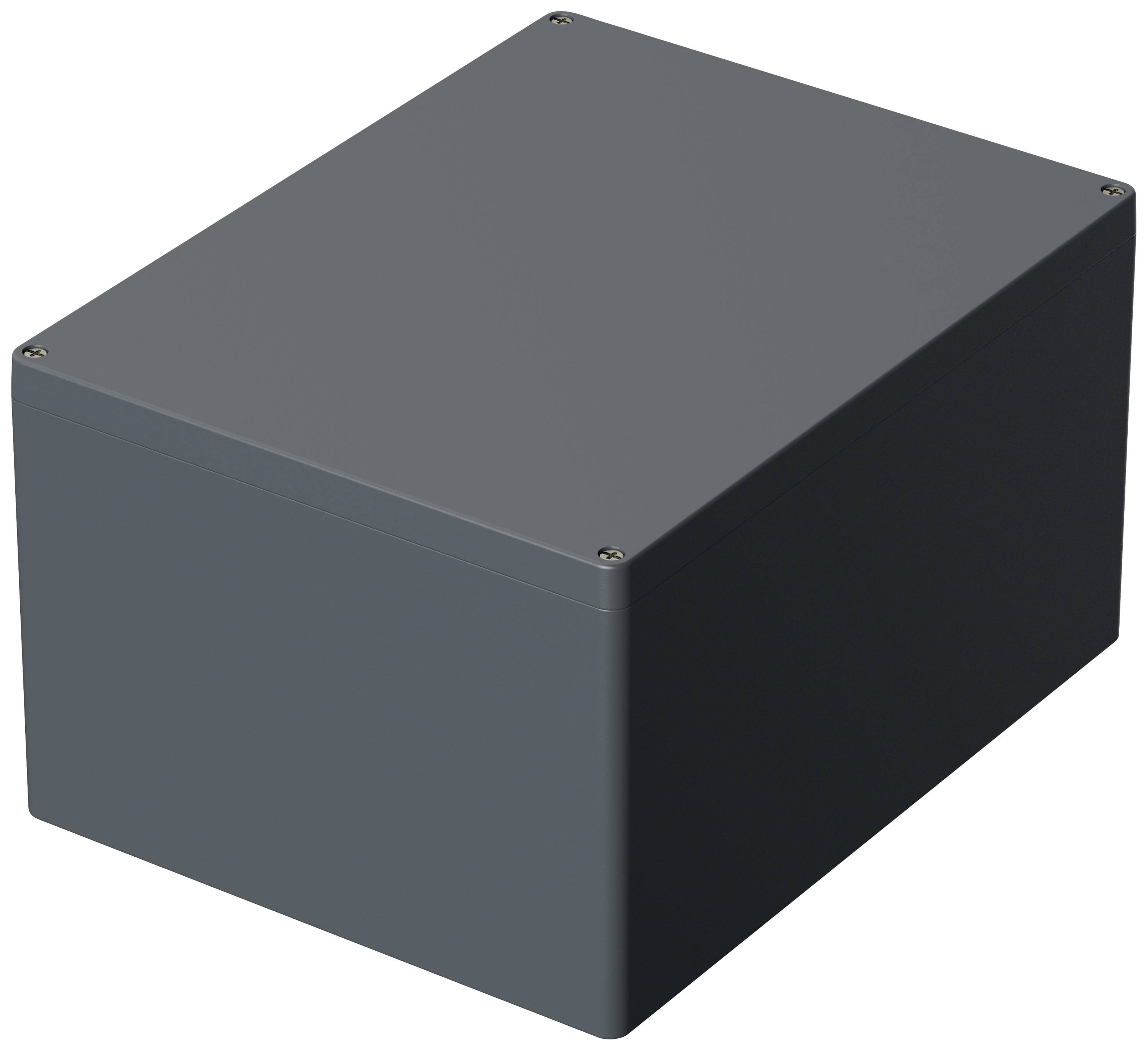 Grey, rectangular electrical box with rounded edges, without visible labelling or connection points, on a white background.