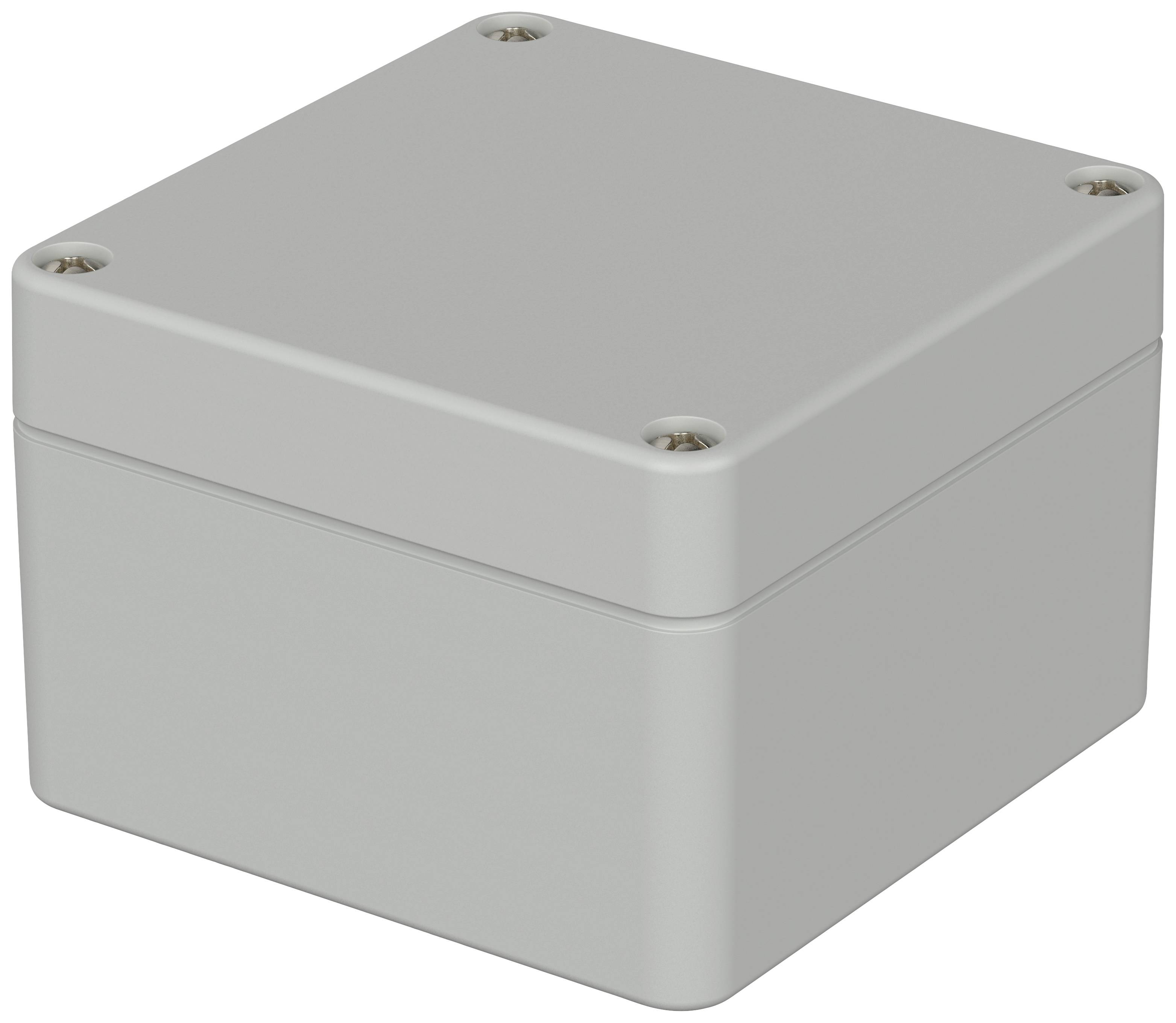 Grey rectangular enclosure with screws at the corners, suitable for protecting electronic components in indoor or outdoor areas.